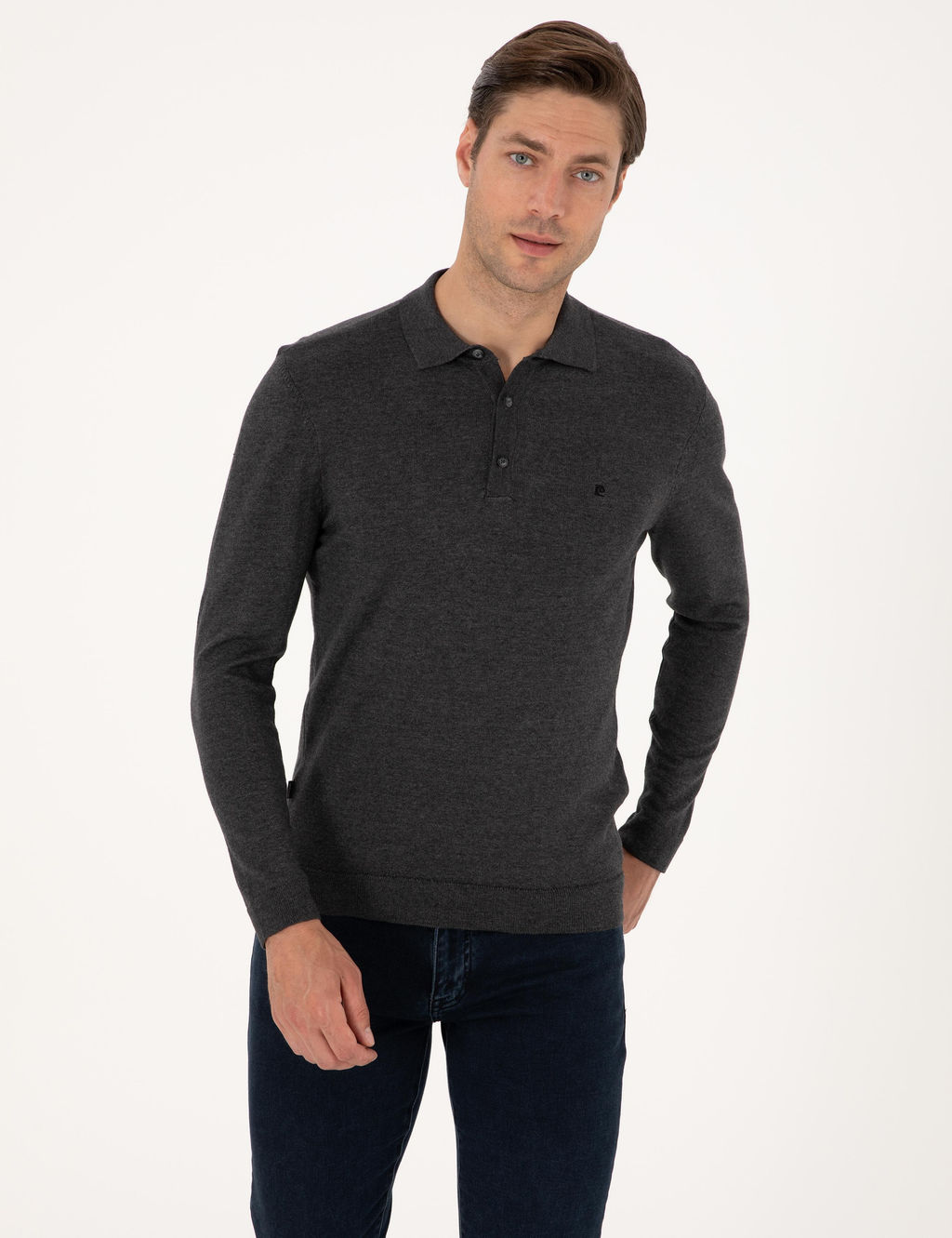 Antrasit Melanj Slim Fit Polo Yaka Basic Triko Kazak