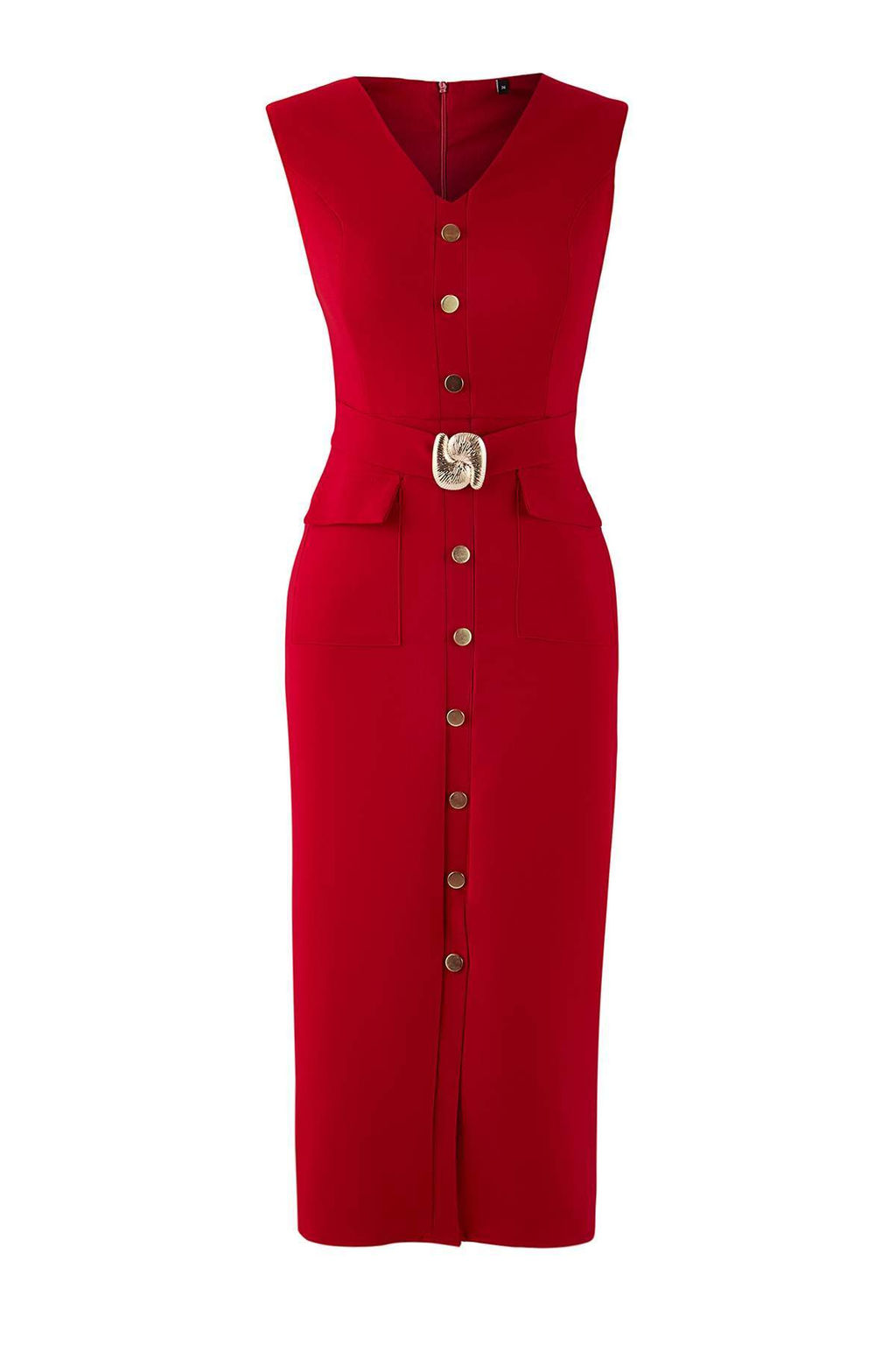 K?rm?z? Kemerli Duz Aksesuar Detayl? Midi Dokuma Elbise TWOAW26EL00073