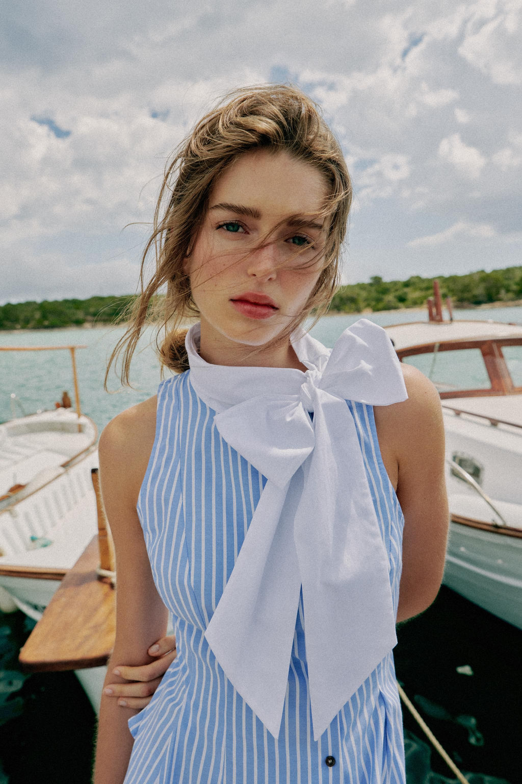CAMISA RAYAS LAZO MANGA SISA / Azul / Blanco