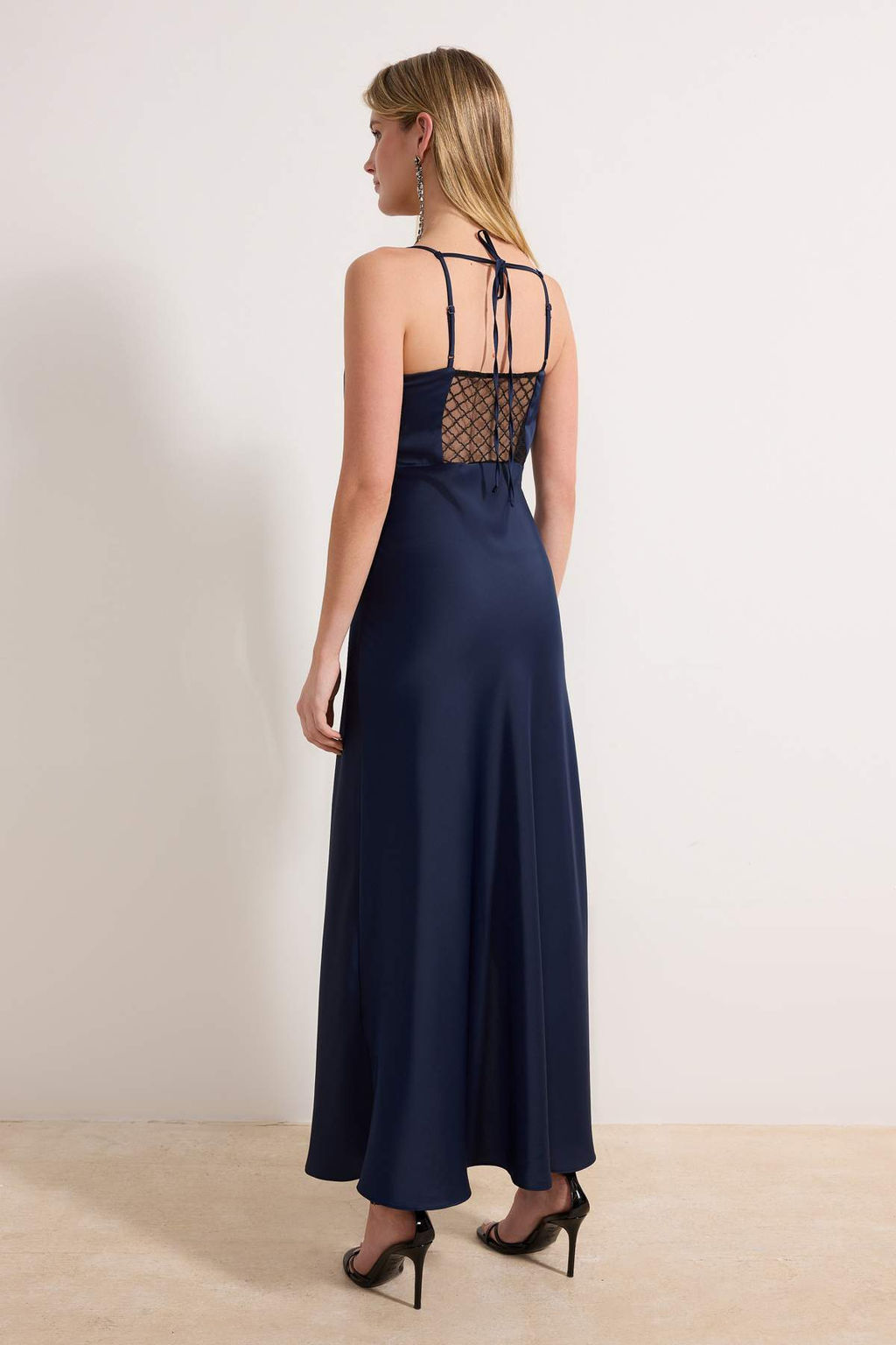 Lacivert Dantel Detayl? Dokuma Saten Midi S?k/Gece Elbise TPRSS26EL00035