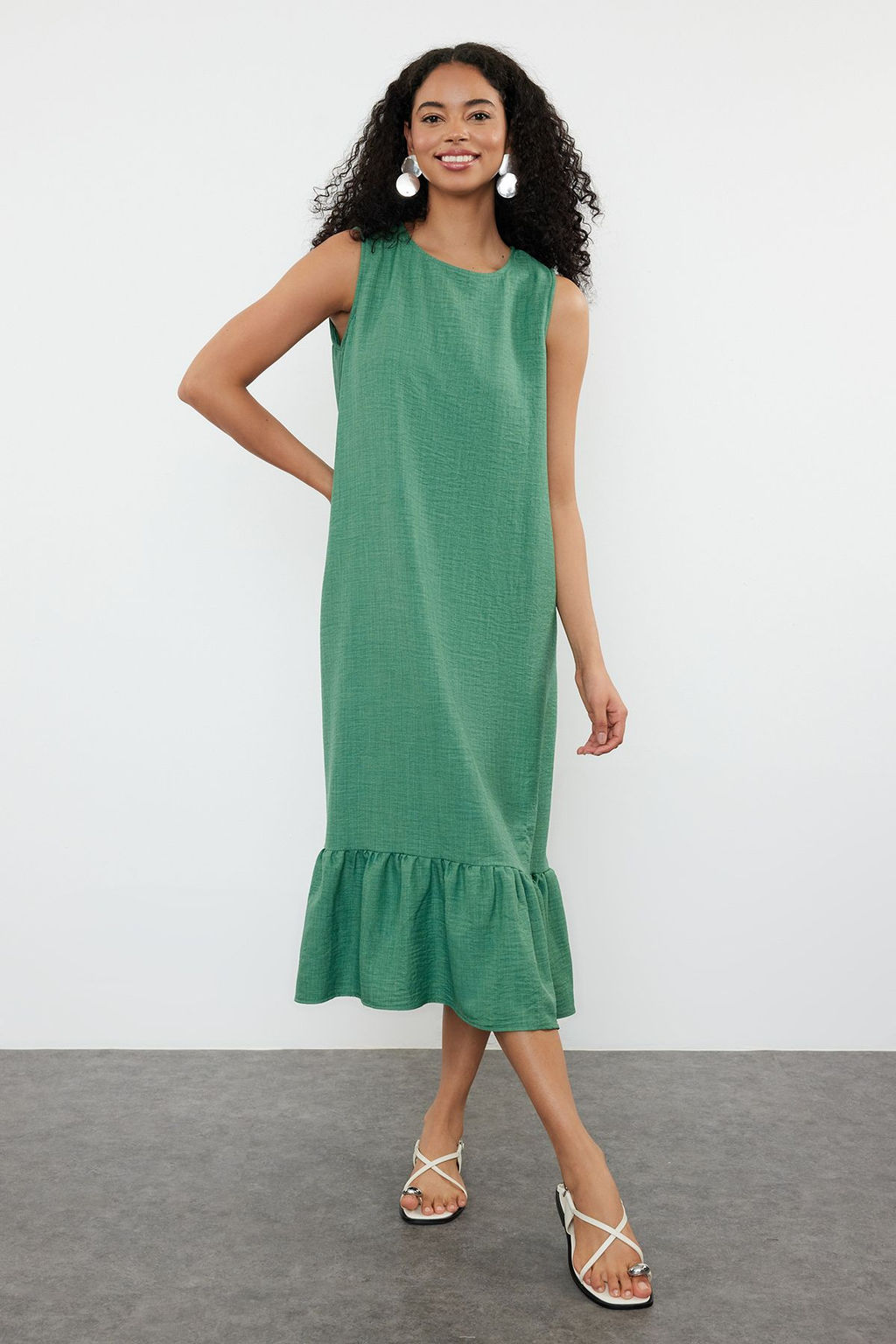 Yesil Duz Kesim Etegi Volanl? Mini Dokuma Elbise TWOSS24EL00520