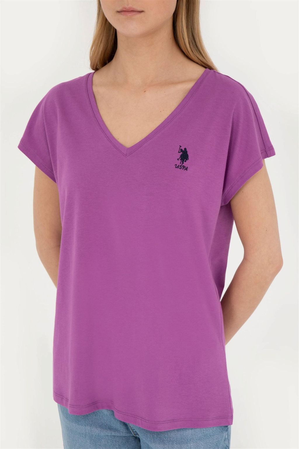 Женская фиолетовая базовая футболка с v-образным вырезом - U.s. polo assn фото 6