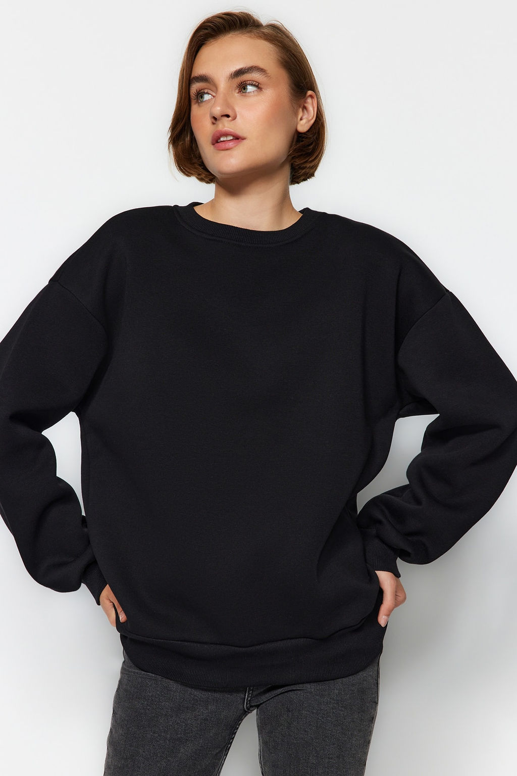 Siyah Oversize/Bol Kesim Bisiklet Yaka Kal?n/Ici polarl? Orme Sweatshirt TWOAW24SW00102
