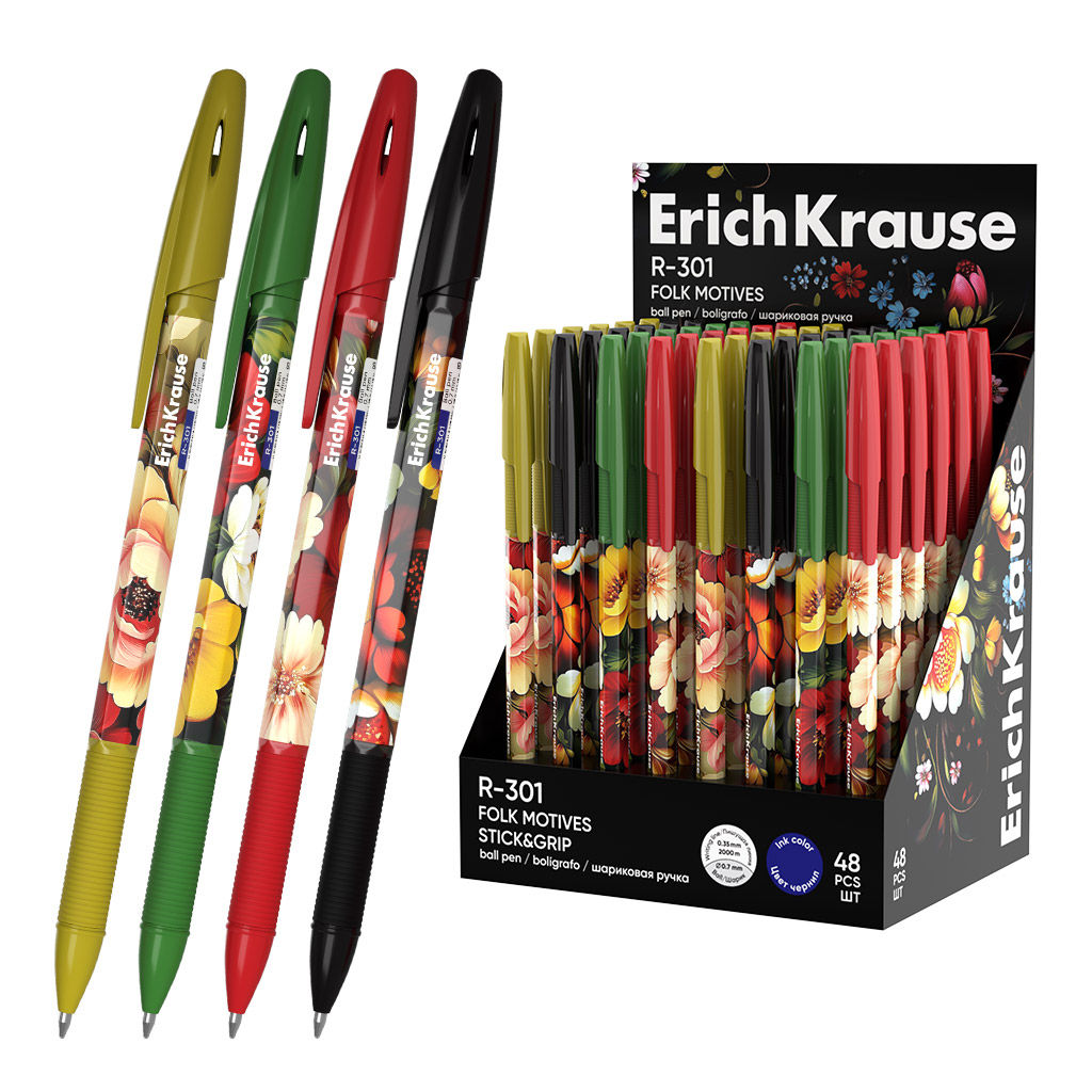 Цена за 48 шт. Ручка шариковая ErichKrause R-301 Stick&Grip Folk Motives 0.7, цвет чернил синий (в коробке-дисплее по 48 шт.)