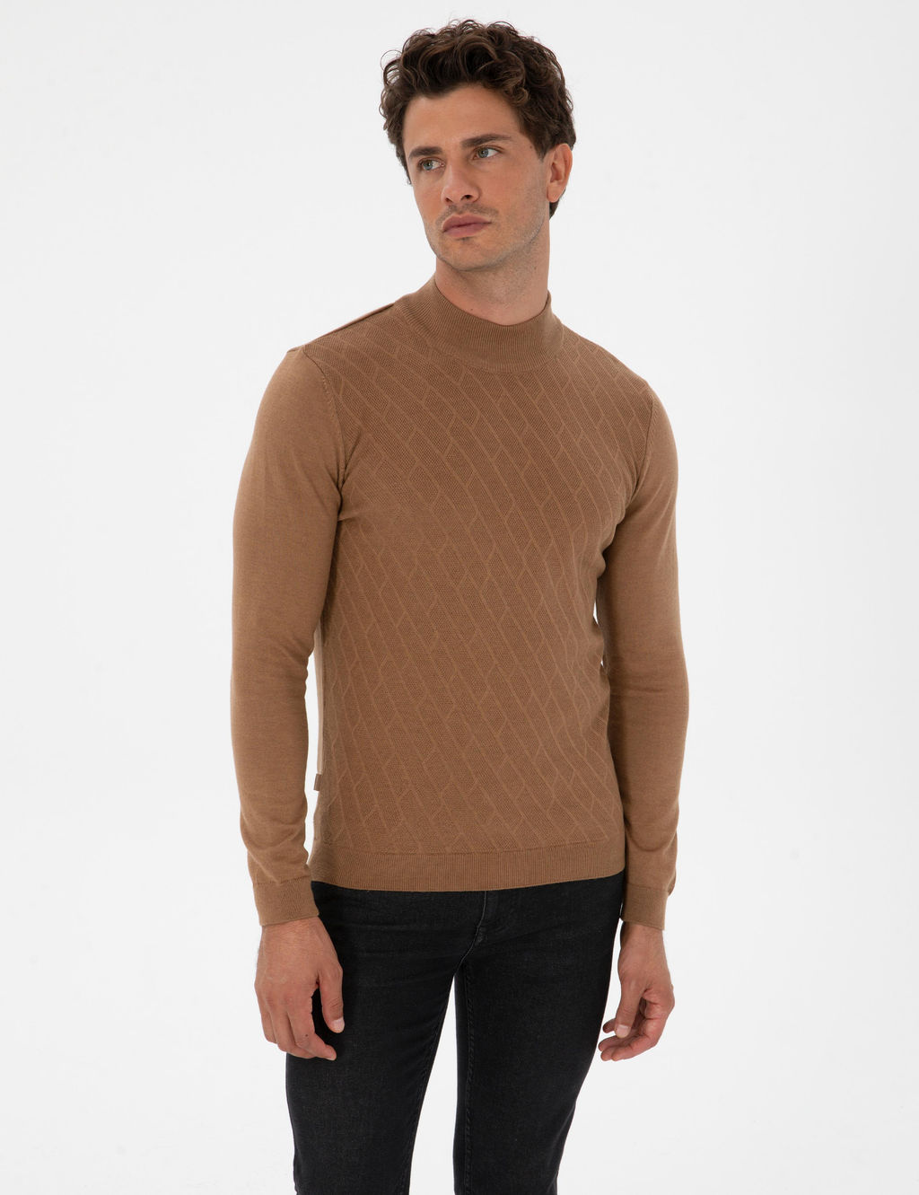 Camel Melanj Slim Fit Yar_m Bal_k__ Yaka Triko Kazak