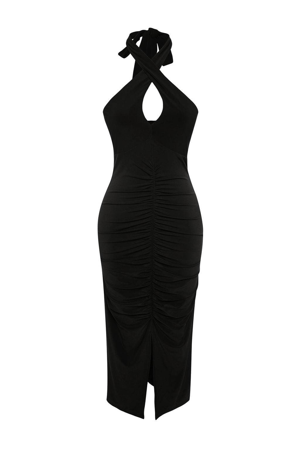TRENDYOLMILLA Siyah Drape Detayl? Boyundan Baglamal? Vucuda Oturan Midi Esnek Orme Kalem Elbise TWOSS23EL02370