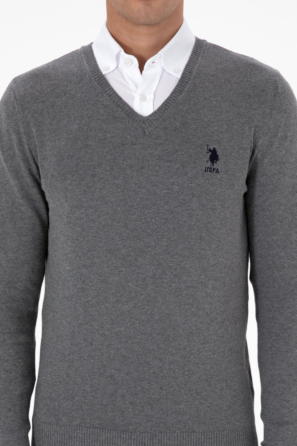 Erkek Slim Fit V Yaka Gri Melanj Basic Kazak - U.s. polo assn фото 5
