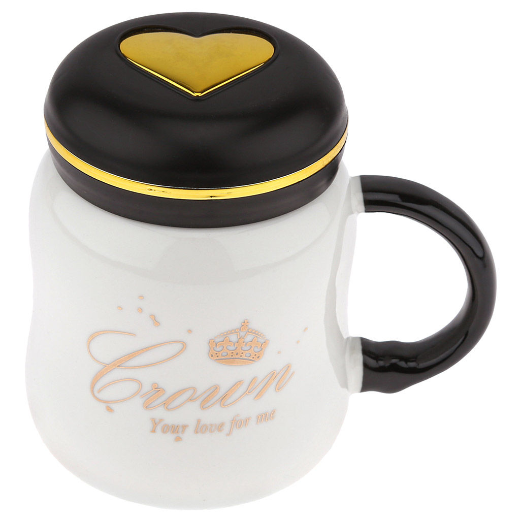 Кружка фарфоровая Презент Crown 420мл, д9,1см h11см, глянцевая глазурь, деколь с золотом, цвет - белый, пластмассовая, винтовая крышка, герметичная, с силиконовым уплотнителем, д/горла 6,3см, д/основания 7см, в подарочной коробке (Китай)