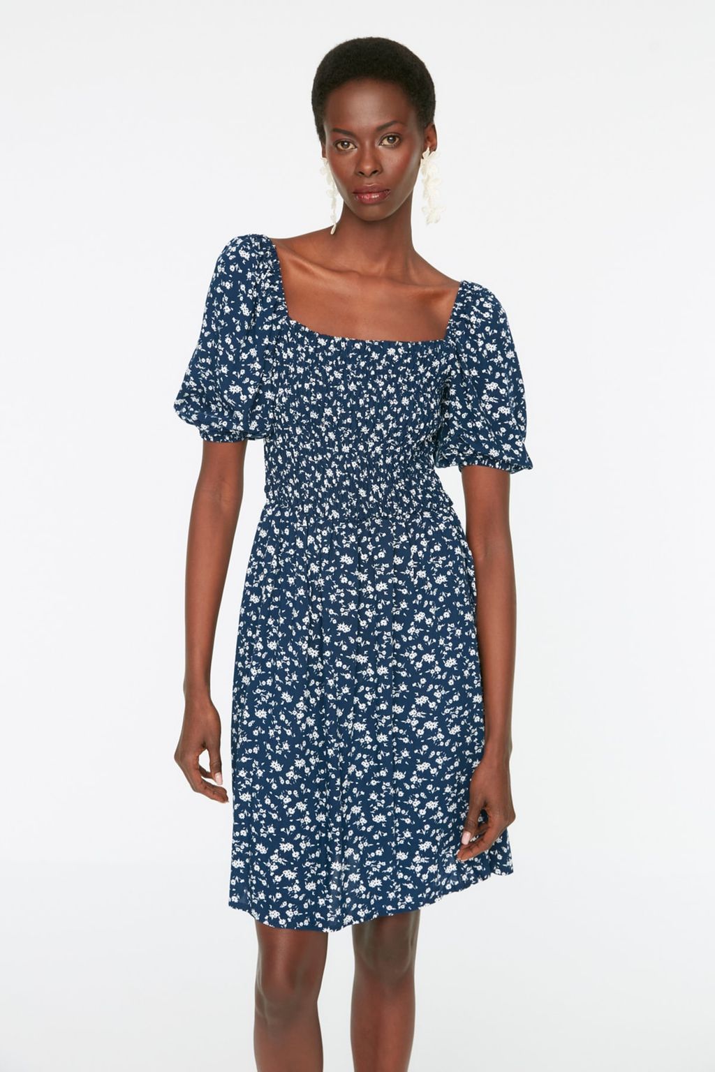 Lacivert Cicekli Skater/Belden Ac?lan Gipeli Viskon Mini Dokuma Elbise TWOSS22EL0370 - Trendyolmilla фото 2