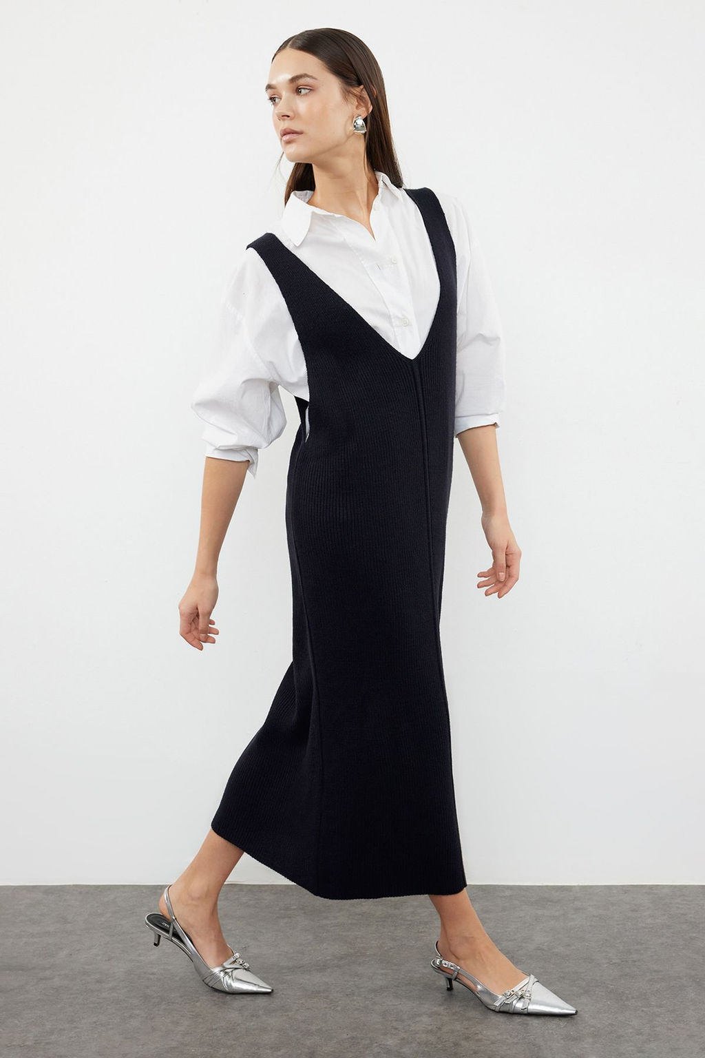 Lacivert Maxi V Yaka Jile Triko Elbise TWOAW24EL00011