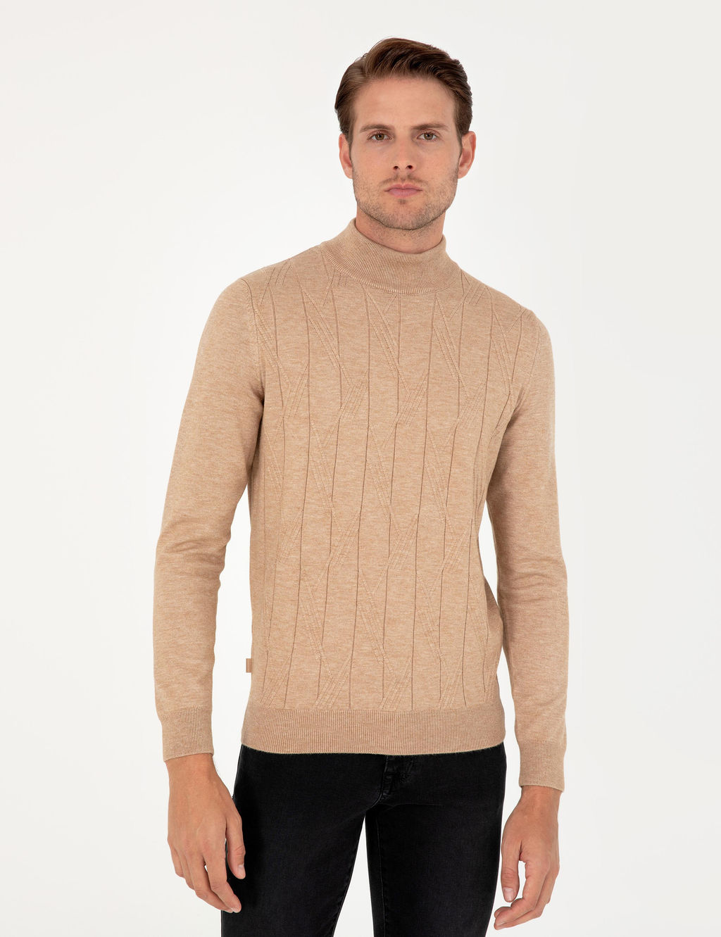 Bej Slim Fit Yar_m Bal_k__ Yaka Y_n Kar___ml_ Triko Kazak - Pierre cardin фото 3