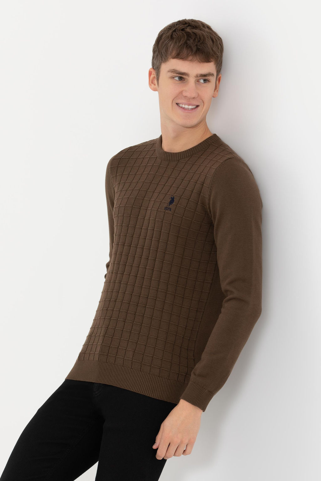 U. S. Polo Assn Мужской вязаный свитер кокосового цвета с круглым вырезом - U.s. polo assn фото 3