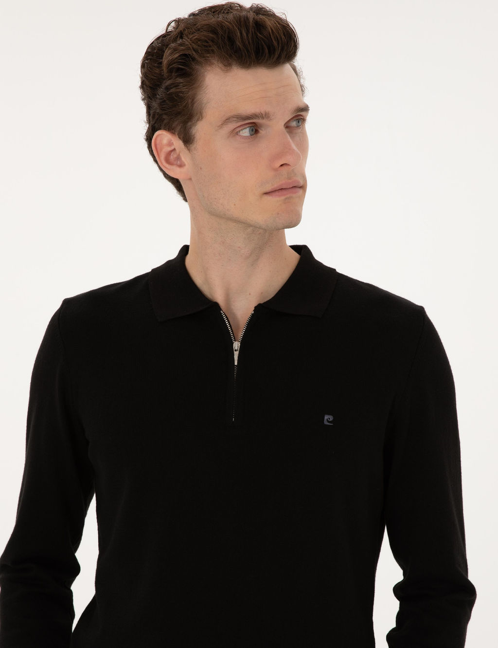 Siyah Slim Fit Polo Yaka Fermuarl_ Basic Triko Kazak - Pierre cardin фото 3