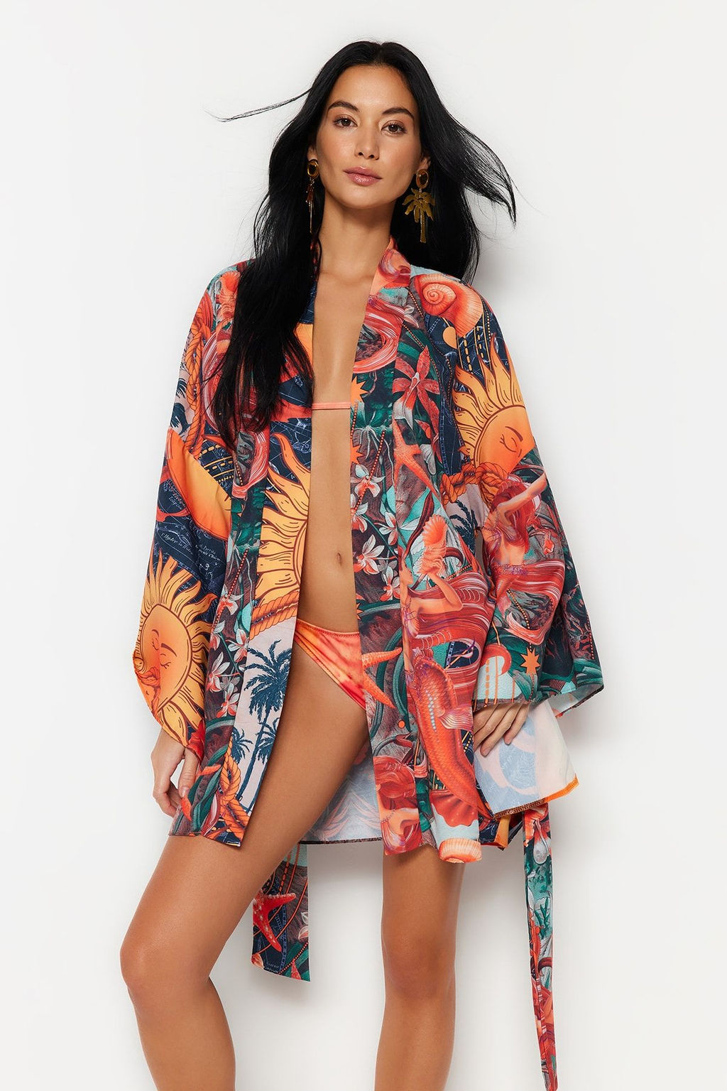 Tropikal Desenli Kusakl? Volanl? Mini Dokuma Plaj Kimono&Kaftan TBESS23KM00024 - Trendyolmilla фото 6