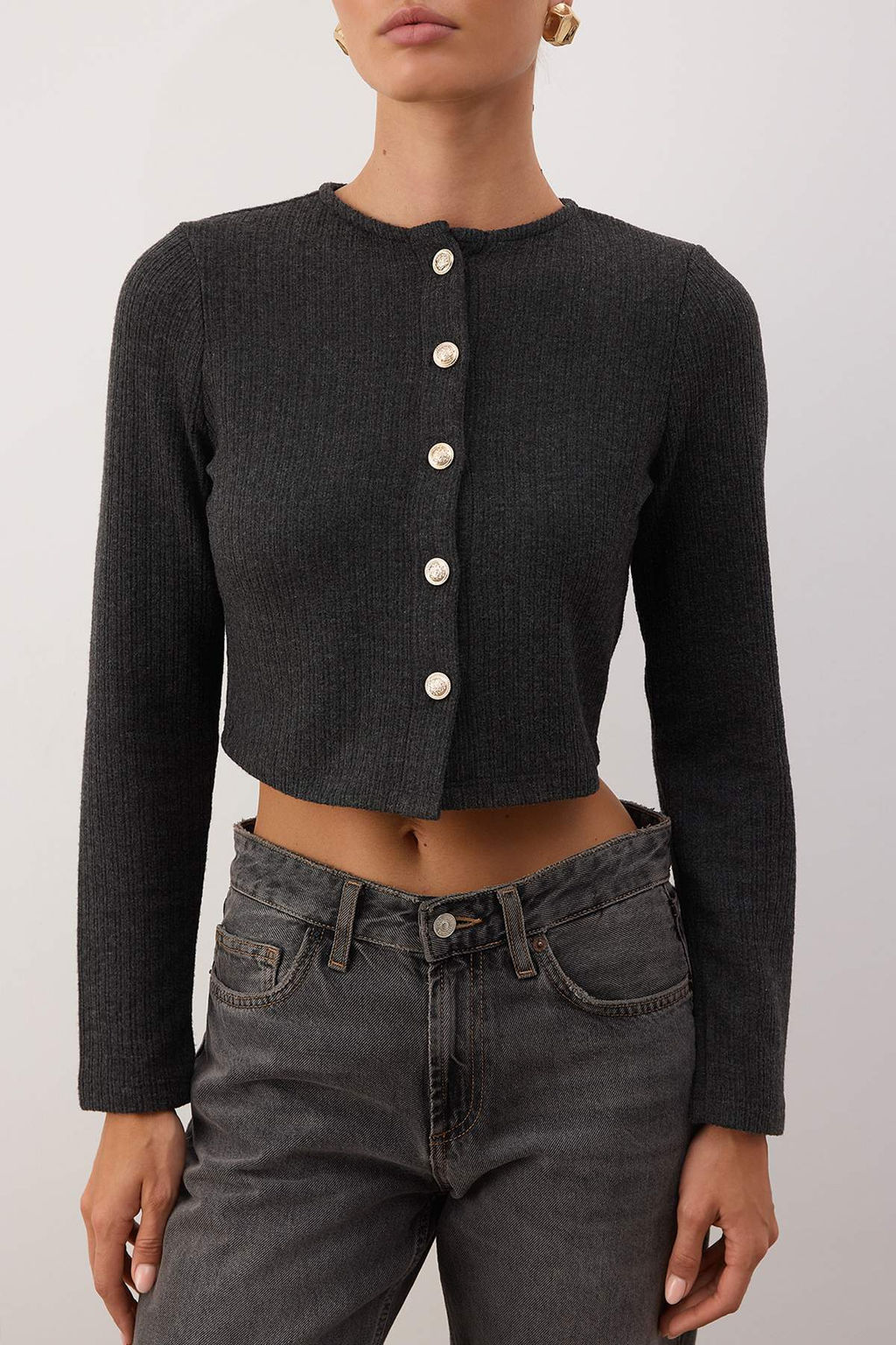 Antrasit Fitted/Vucuda Oturan Crop Dugme Detayl? F?rcal? Pointel Esnek Orme Bluz TWOAW26BZ00113