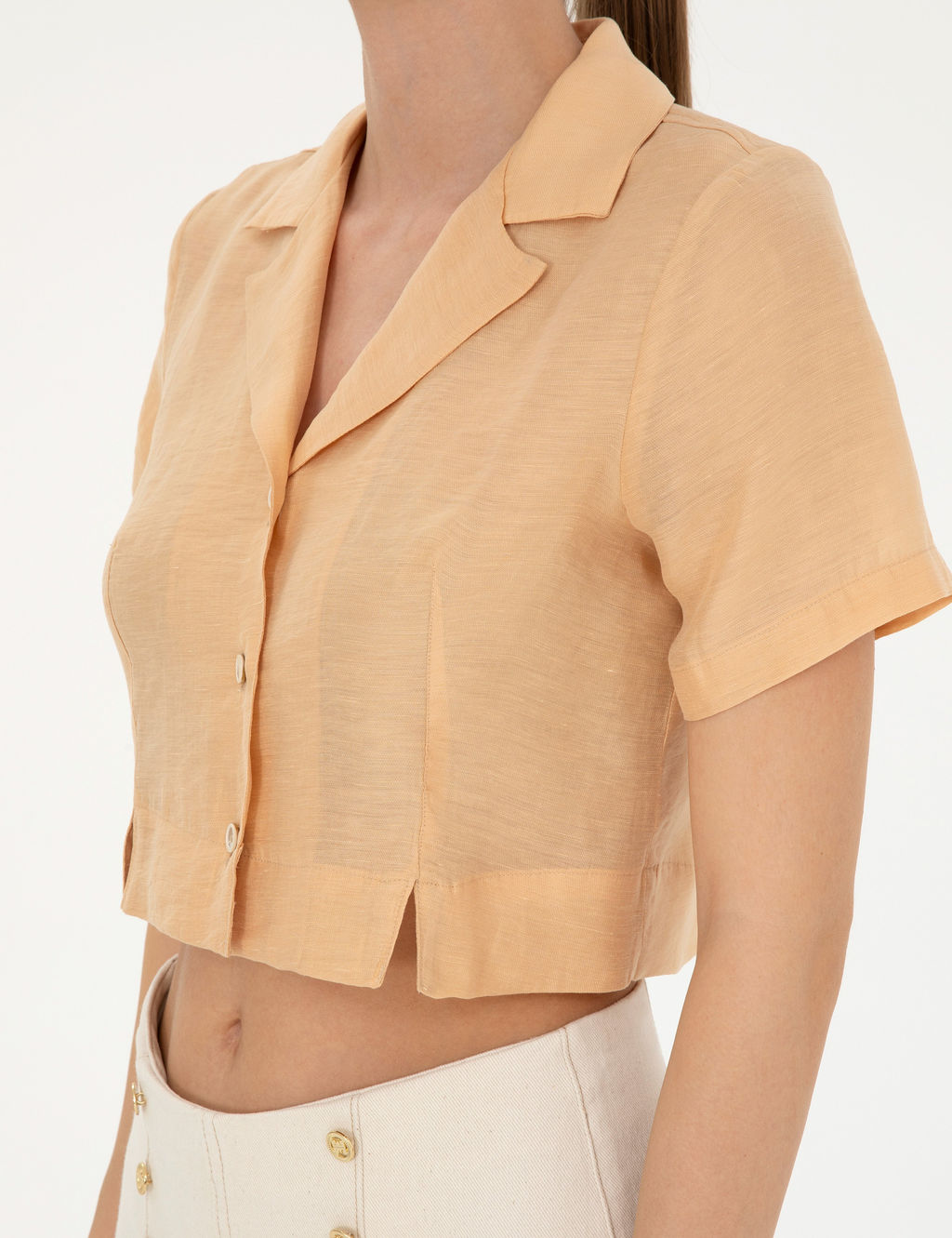 Bej Keten Kar___ml_ Slim Fit Crop G_mlek
