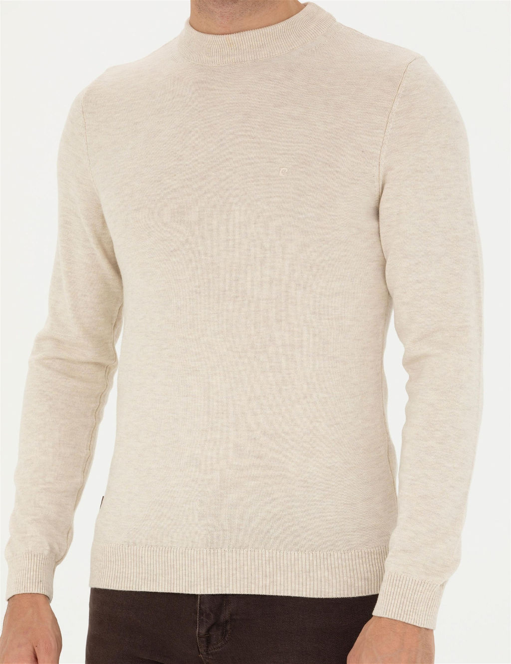 Krem Melanj Slim Fit Yar_m Bal_k__ Yaka Basic Triko Kazak