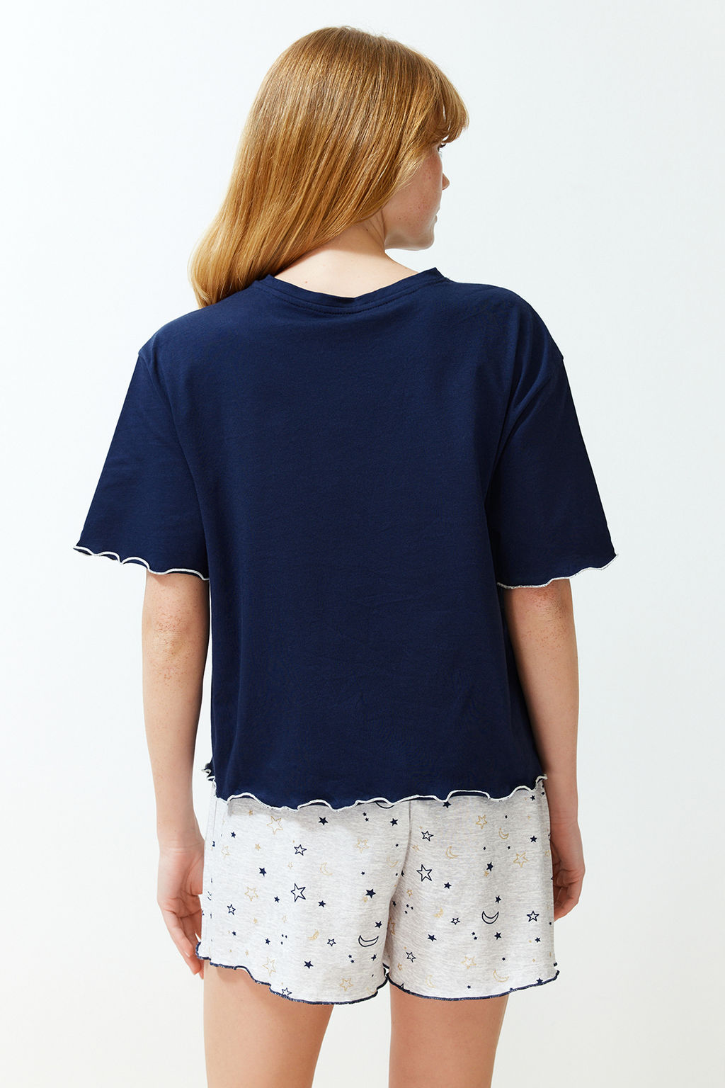 Trendyolmilla Gri Melanj Galaksi Desenli Baby Overlok Detayl? Sortlu Orme Pijama Tak?m? THMSS24PT00203 фото 11