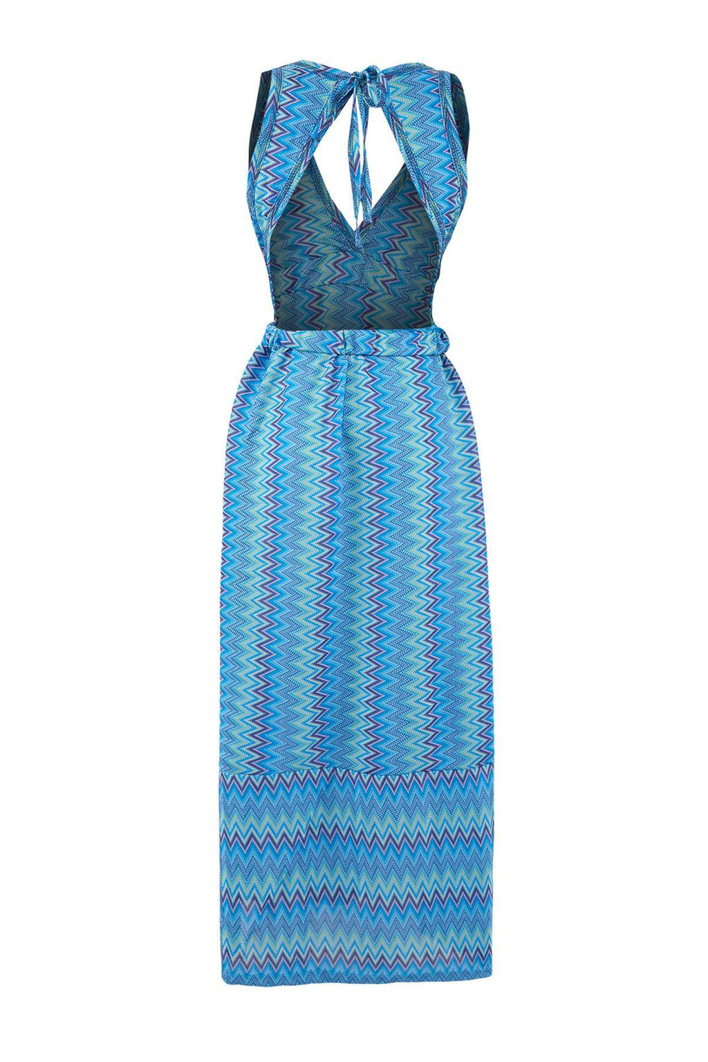 Mavi Geometrik Desenli Orme Maxi S?rt Dekolteli Plaj Elbisesi TBESS26EL00015