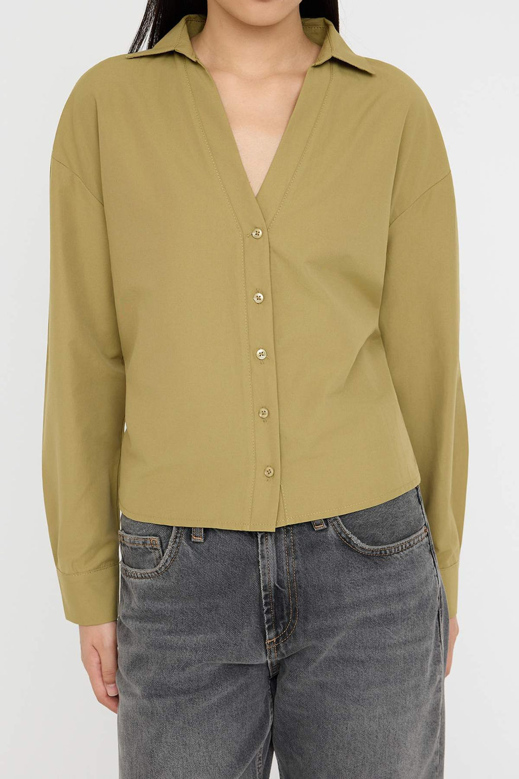 Teen S?rt Buzgu Detayl? Hafif Crop Haki Gomlek TWOAW26GO00040