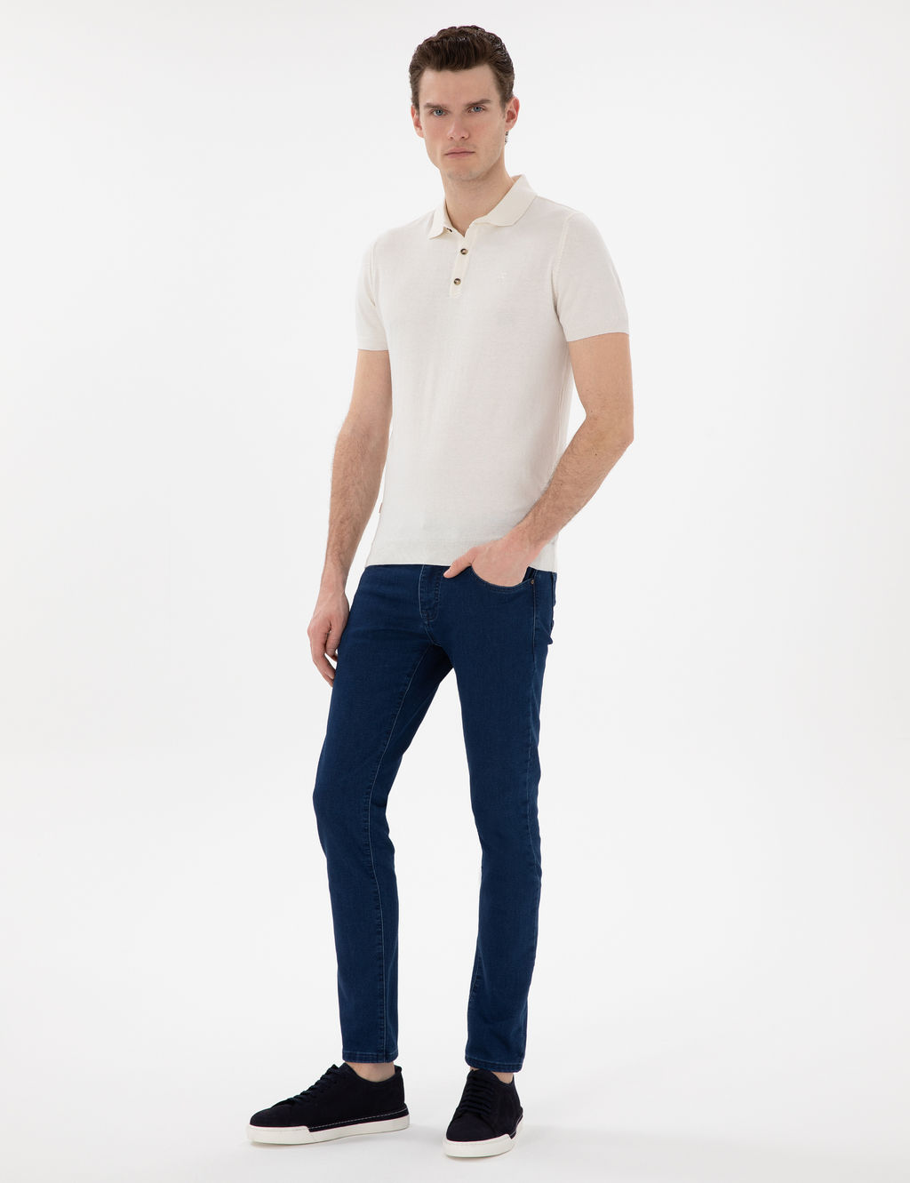Ekru Slim Fit D__meli Polo Yaka Triko Ti__rt