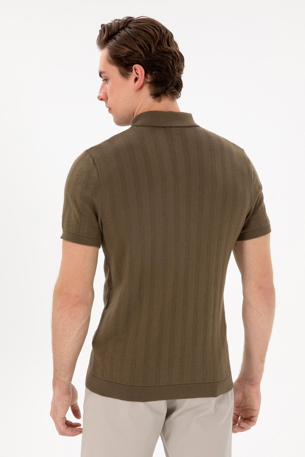 Erkek Slim Fit Polo Yaka Haki Triko Ti__rt