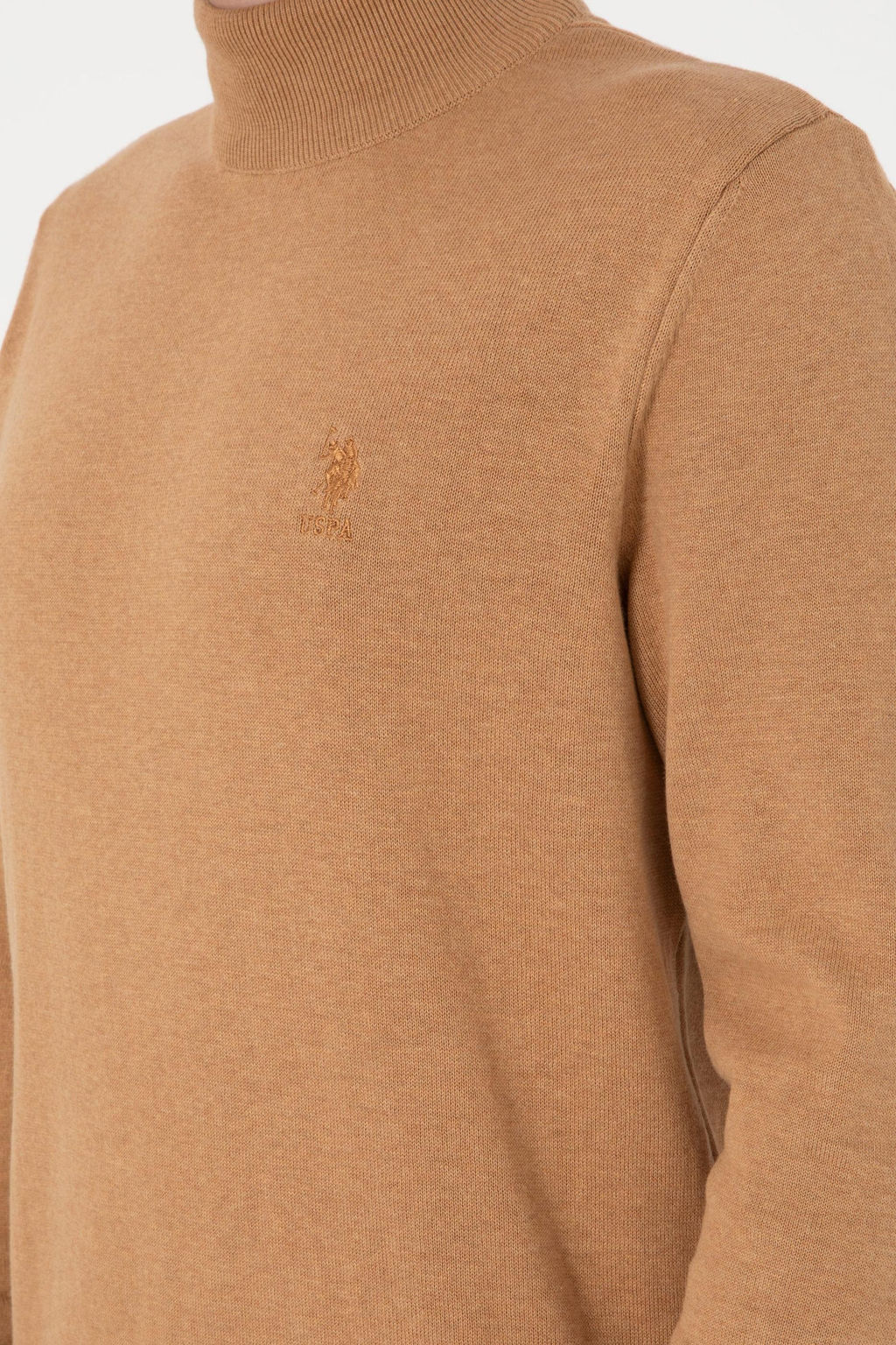 Erkek Slim Fit Yar_m Bal_k__ Yaka Camel Melanj Basic Kazak - U.s. polo assn фото 7