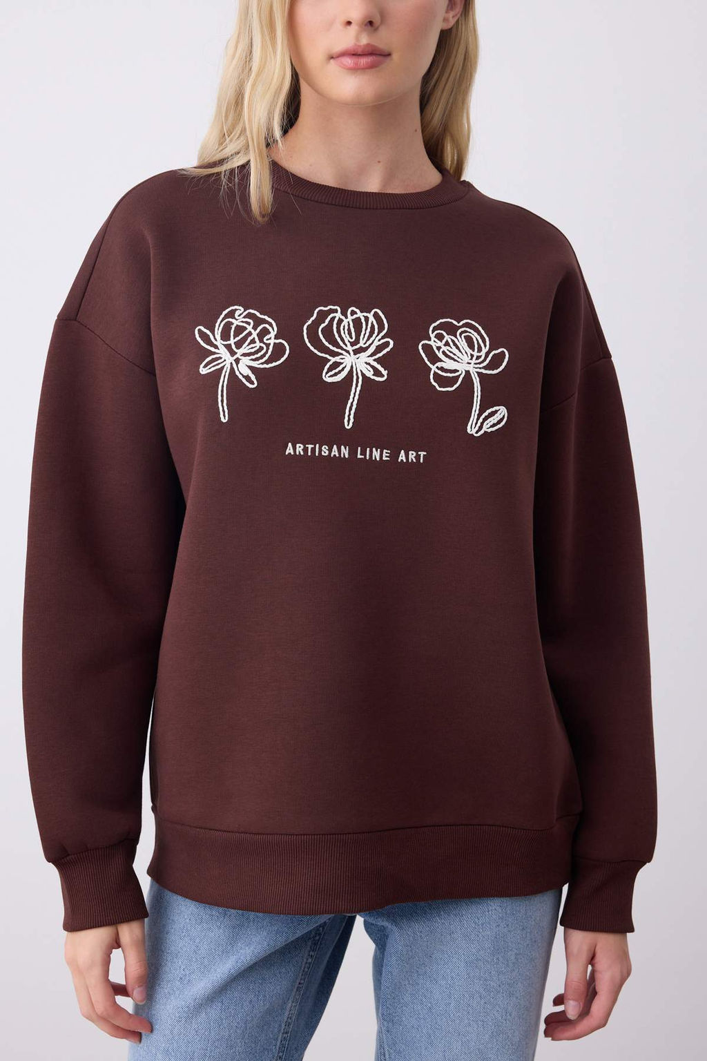 Kahverengi Nak?sl? Oversize/Genis Kal?p Kal?n Ici Polarl? Orme Sweatshirt TWOAW26SW00100 - Trendyolmilla фото 3