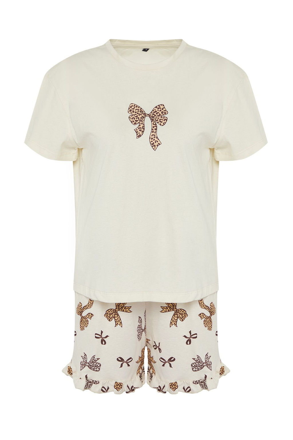 Trendyolmilla Bej 100% Pamuklu Leopar Kurdele/Fiyonklu F?rf?r Detayl? Sortlu Orme Pijama Tak?m? THMSS25PT00347  фото 5