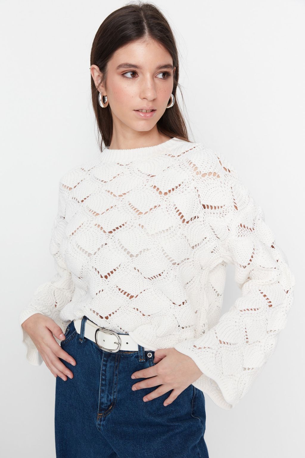 Vizon Ajurlu/Delikli Triko Kazak TWOAW22KZ1171 - Trendyolmilla фото 11