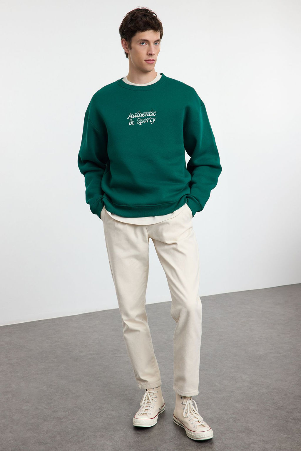 TRENDYOL MAN Zumrut Yesili Oversize/Genis Kesim Authentic&Sporty Nak?sl? Ici Polarl? Sweatshirt TMNAW25SW00012 - Trendyolmilla фото 2
