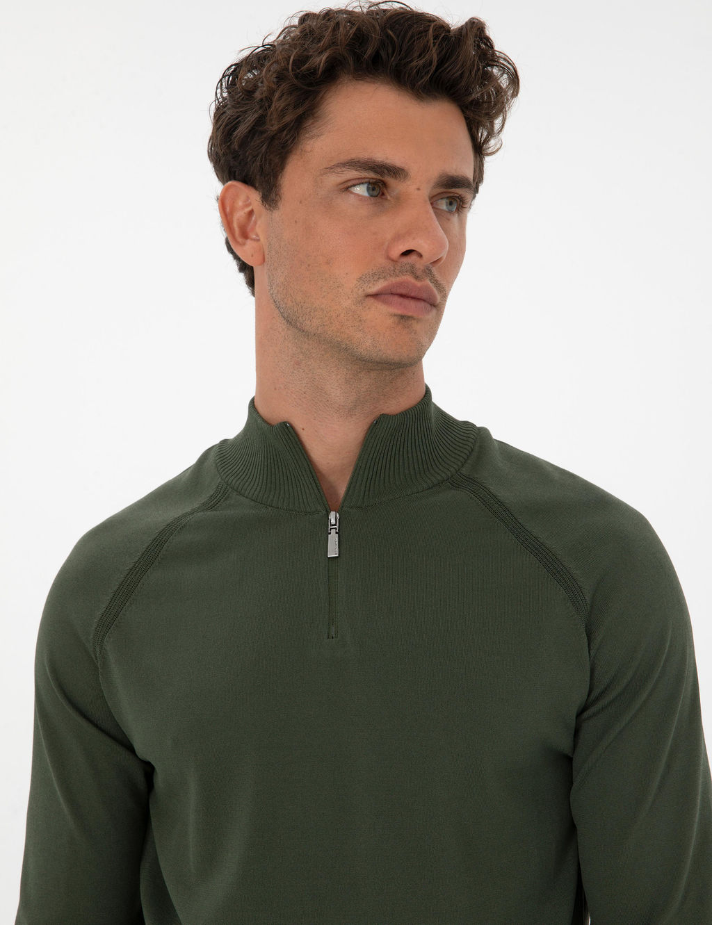 Koyu Haki Slim Fit Dik Yaka Fermuarl_ Triko Kazak - Pierre cardin фото 2