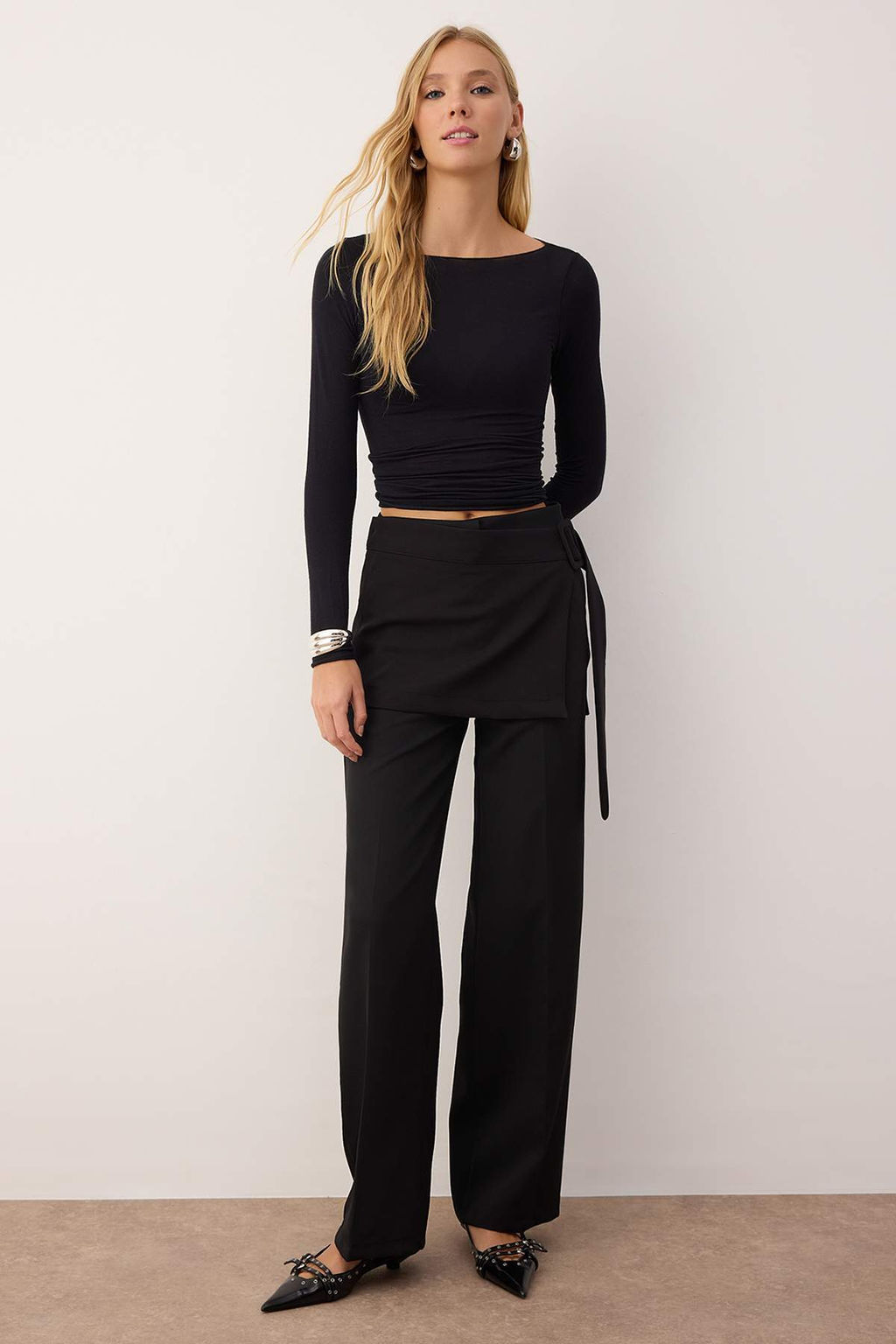 Siyah C?kar?labilir Etek Detayl? Wide Leg/Genis Paca Pantolon TWOAW26PL00053 - Trendyolmilla фото 2