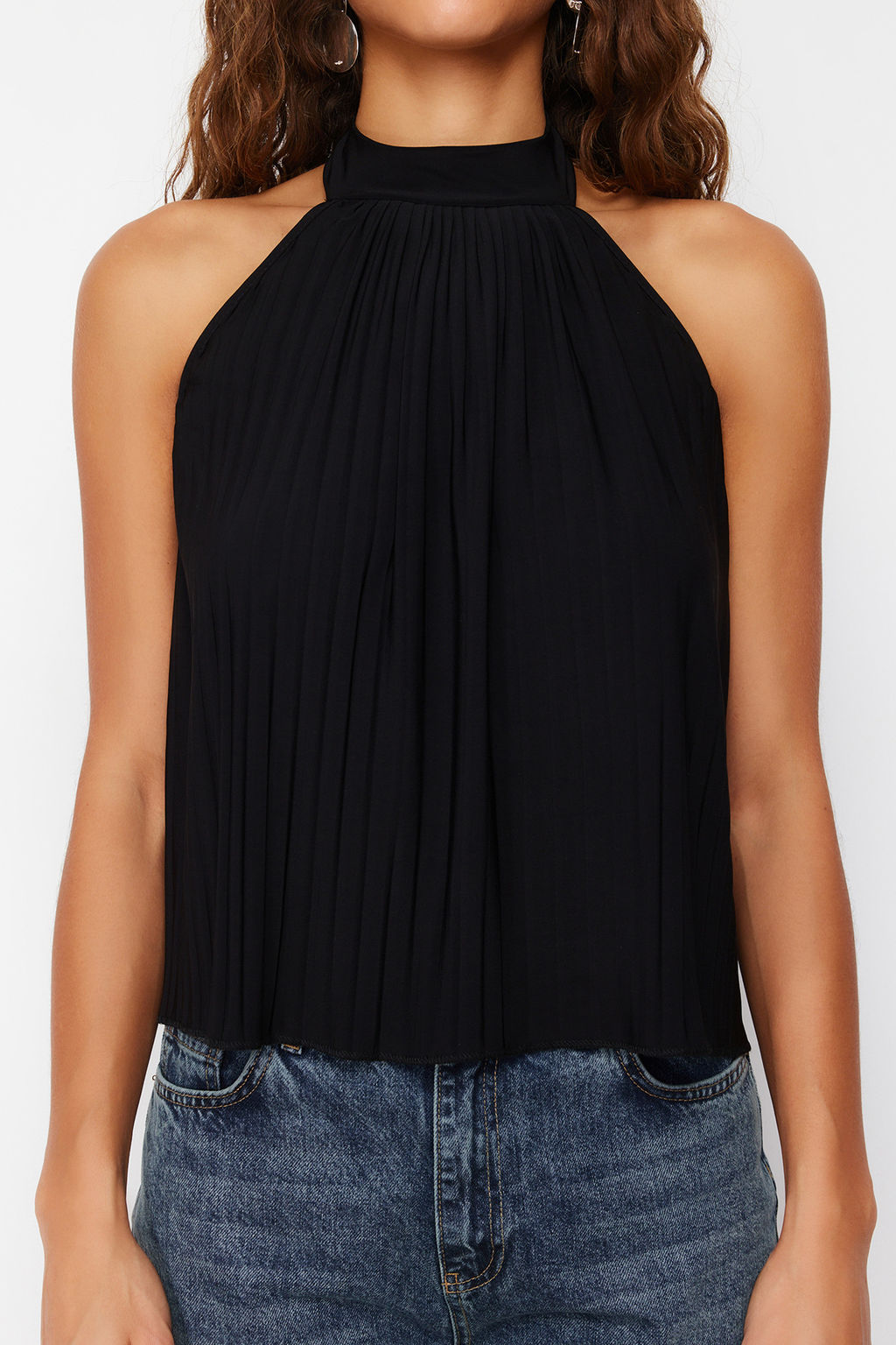 Siyah Pilise Halter Yaka Regular/Normal Kal?p Esnek Orme Bluz TWOSS24BZ00365 - Trendyolmilla фото 6