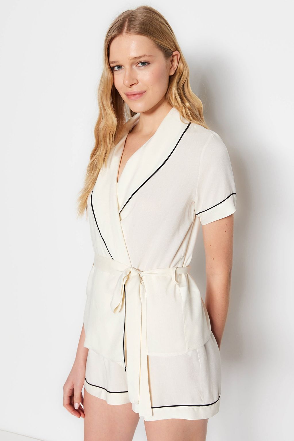 Bej Kusakl? Biye Detayl? Viskon Sortlu Hamile Dokuma Pijama Tak?m? THMSS23PT00203