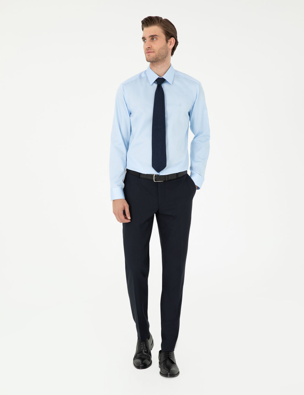 A__k Mavi Non Iron Kolay _t_lenebilir Slim Fit Uzun Kollu Basic G_mlek