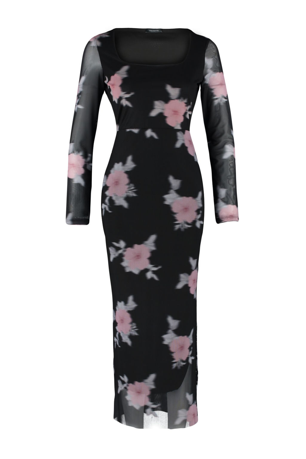 TRENDYOLMILLA Siyah Tul Cicekli Vucuda Oturan Kare Yaka Uzun Kol Maxi Esnek Orme Kalem Elbise TWOAW24EL00291 фото 7
