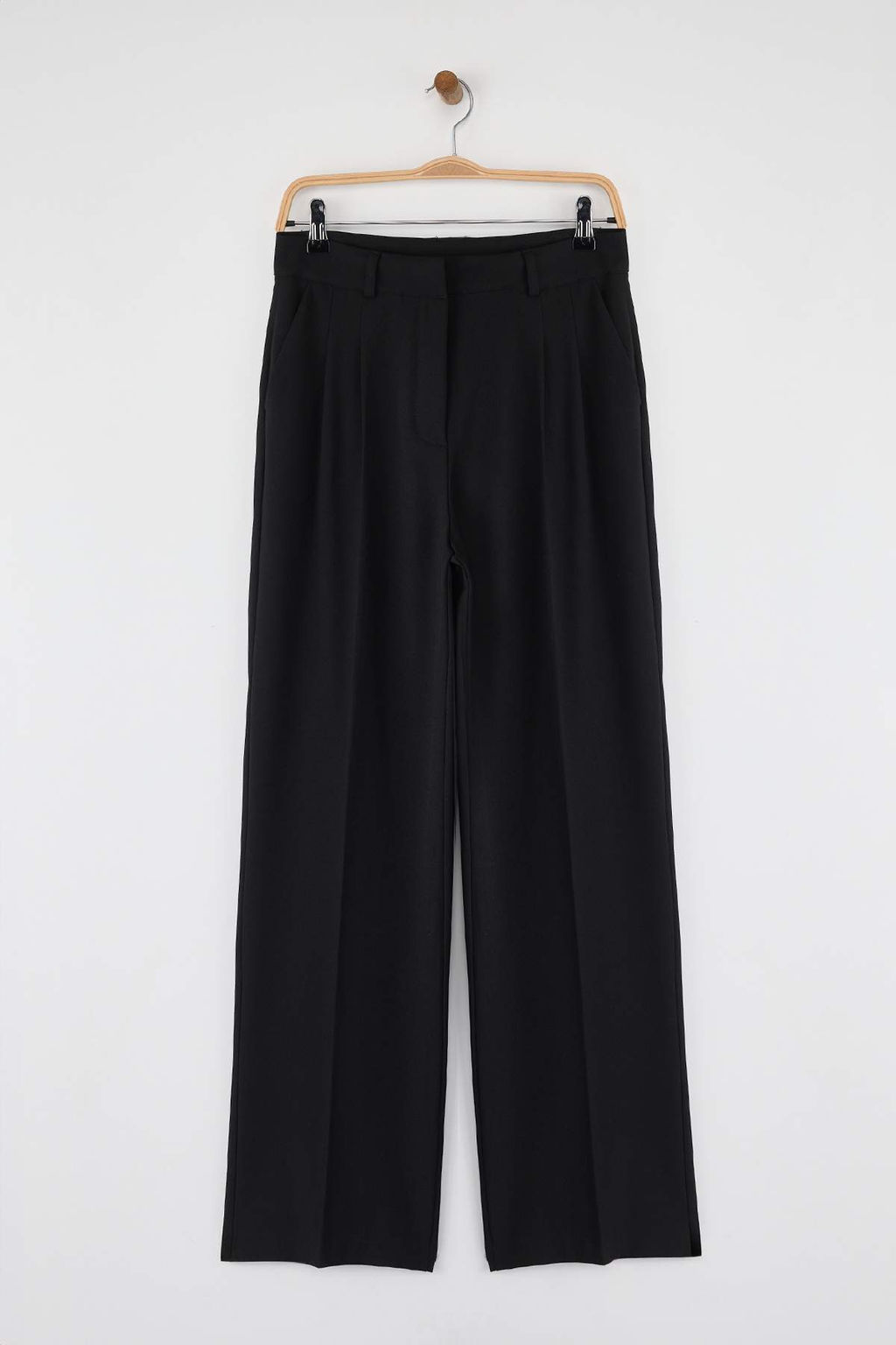 Siyah*001 Limited Edition Straight/Duz Kesim Pilili Dokuma Kumas Pantolon TWOAW23PL00401