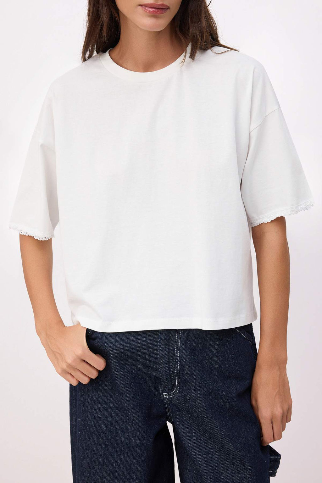 Ekru Duz Boxy Bisiklet Yaka Reglan Kol K?sa %100 Pamuk Orme T-Shirt TWOSS26TS00170 - Trendyolmilla фото 3