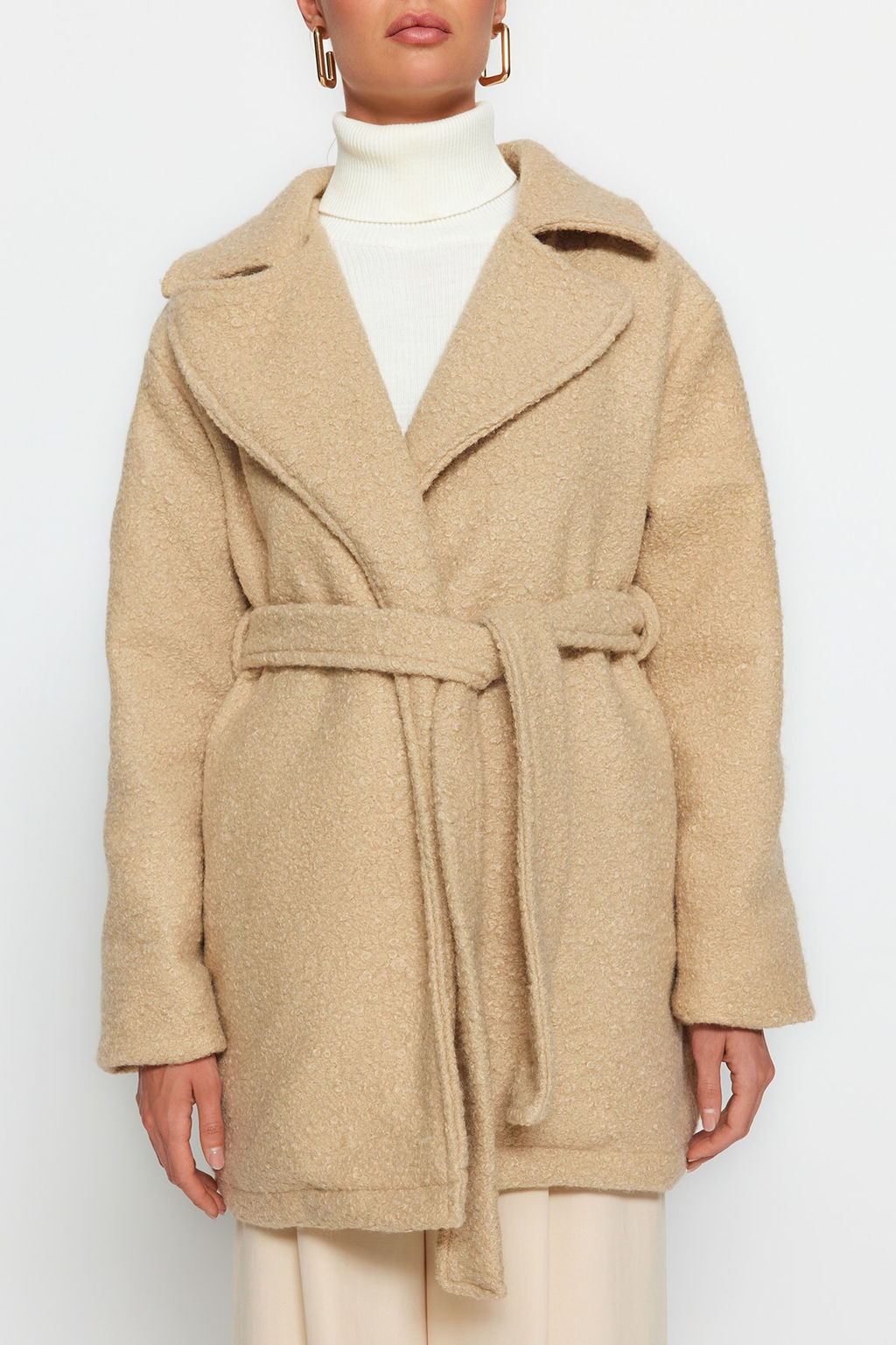 Bej Oversize Genis Kesim Kusakl? Buklet Kaban TWOAW24KB00057