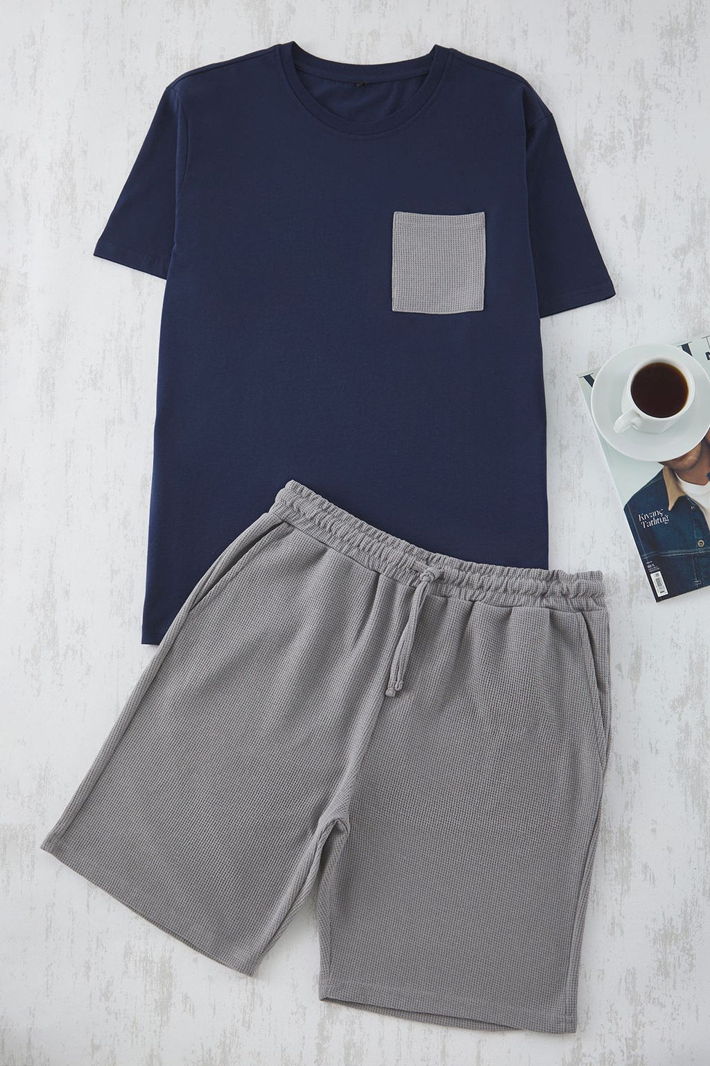 TRENDYOL MAN Lacivert Gri Regular Fit Dokulu Sortlu Orme Pijama Tak?m? TMNSS25PT00021 - Trendyolmilla фото 5