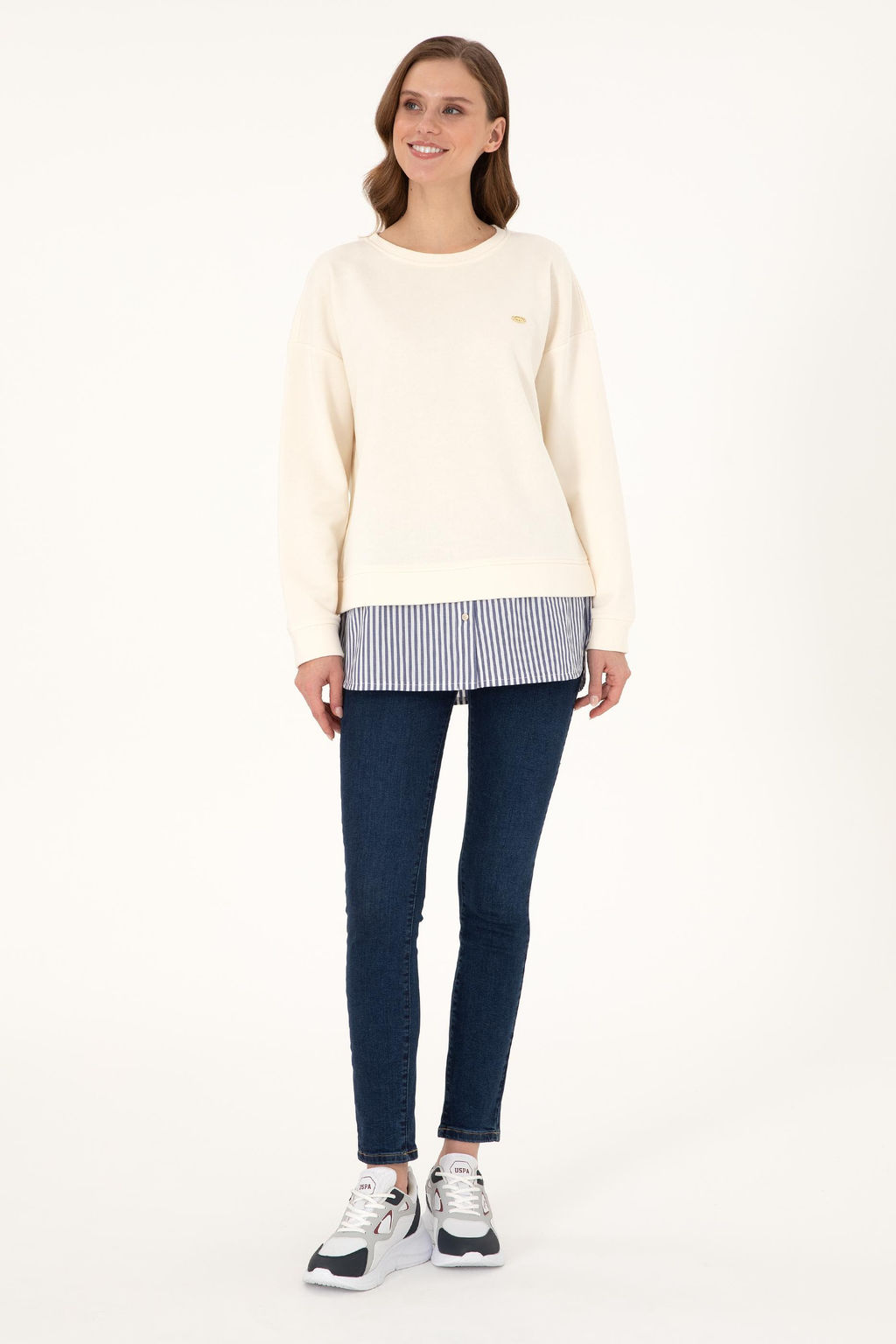 Kad_n Krem G_mlek Detayl_ Bisiklet Yaka Sweatshirt