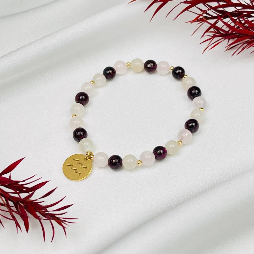 Браслет для Водолея из Лунного камня, Граната и Розового кварца - Радуга самоцветов фото 2