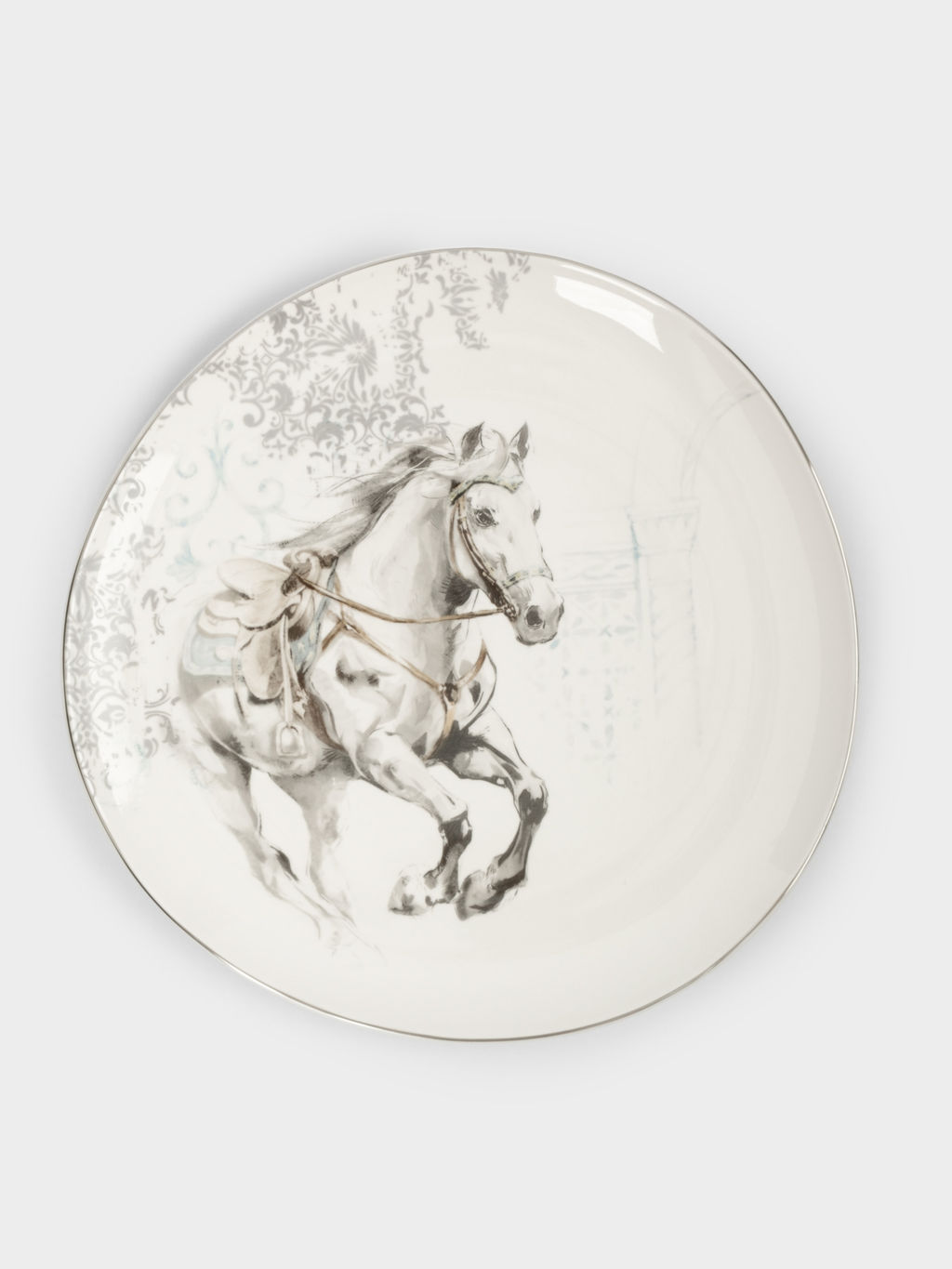 Тарелка обеденная, 28 см, фарфор N, белая, с серебристым кантом, Конь, White horse
