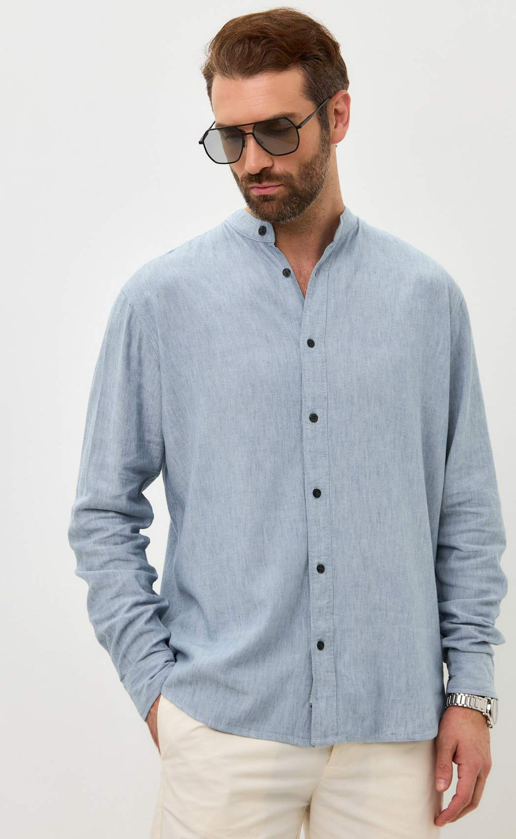 Рубашка д/р лен F511-0480 l.blue