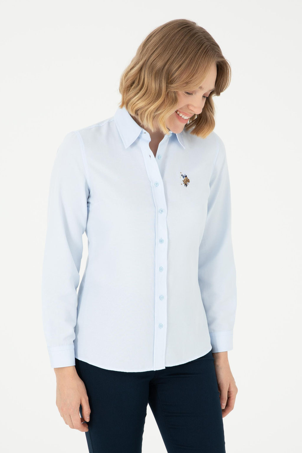 Женская голубая базовая рубашка с длинным рукавом - U.s. polo assn фото 13