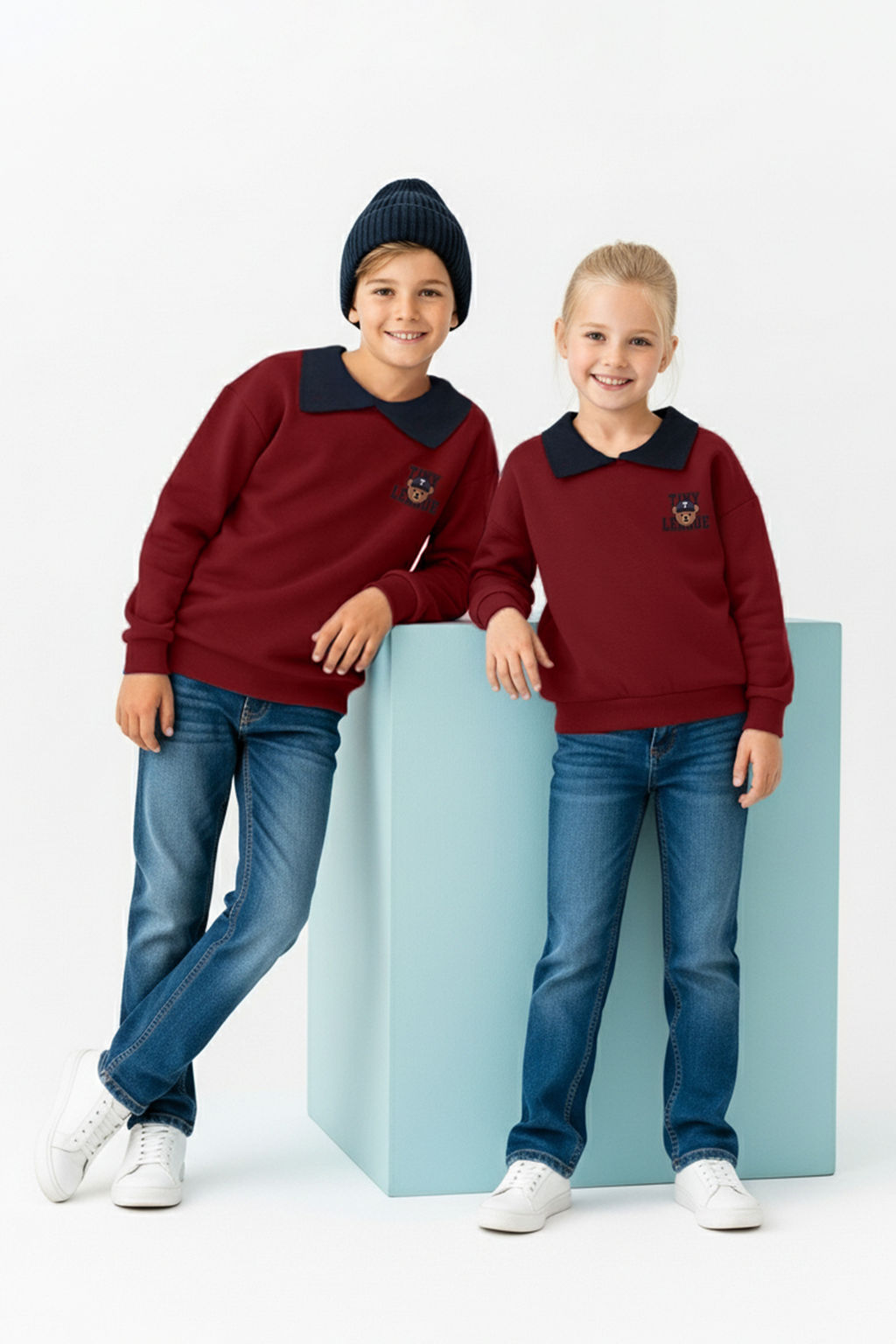 Bordo 100% Pamuk Bask?l? Polo Yaka Regular Unisex Cocuk Orme Sweatshirt TKDAW26SW00019