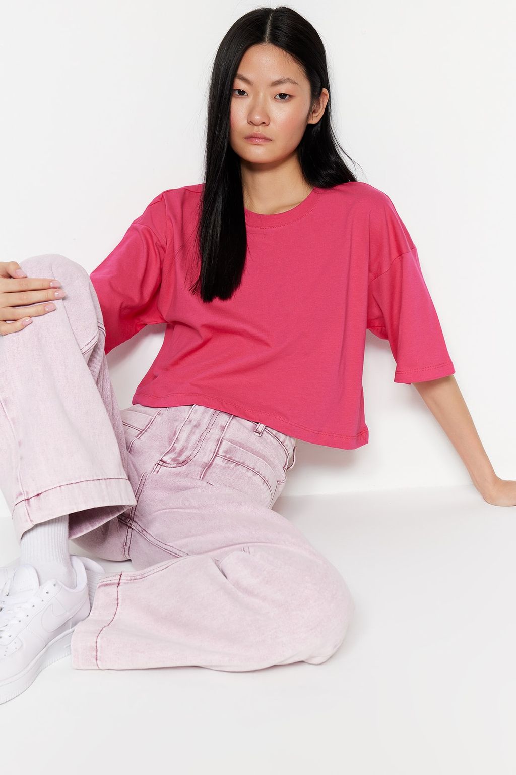 Premium Fusya Relaxed/Rahat Kal?p %100 Kal?n Pamuklu Crop Orme T-Shirt TWOSS23TS00038