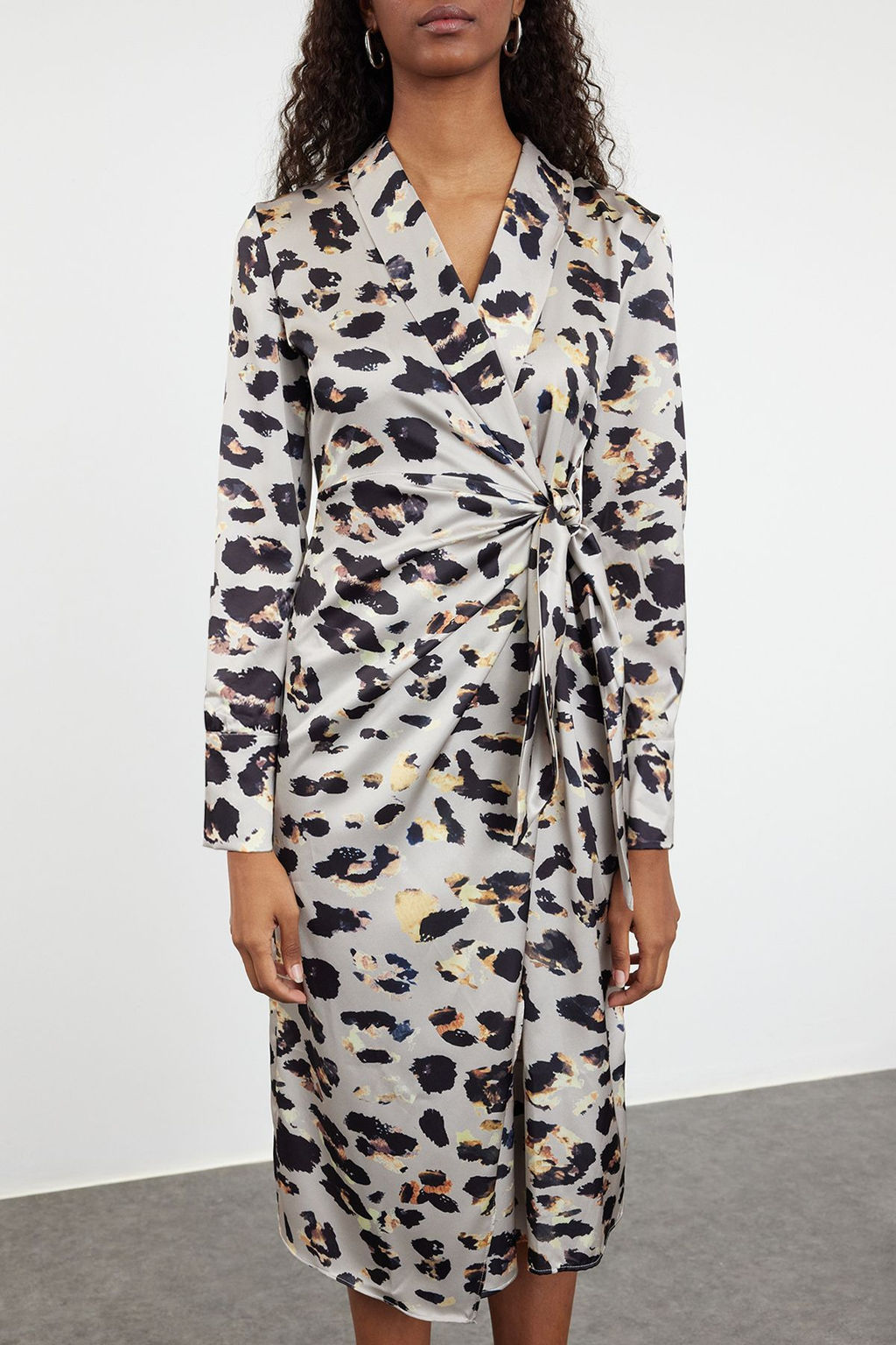 Bej Leopar Desenli Anvelop Midi Baglama Detayl? Dokuma Elbise TWOAW24EL00688