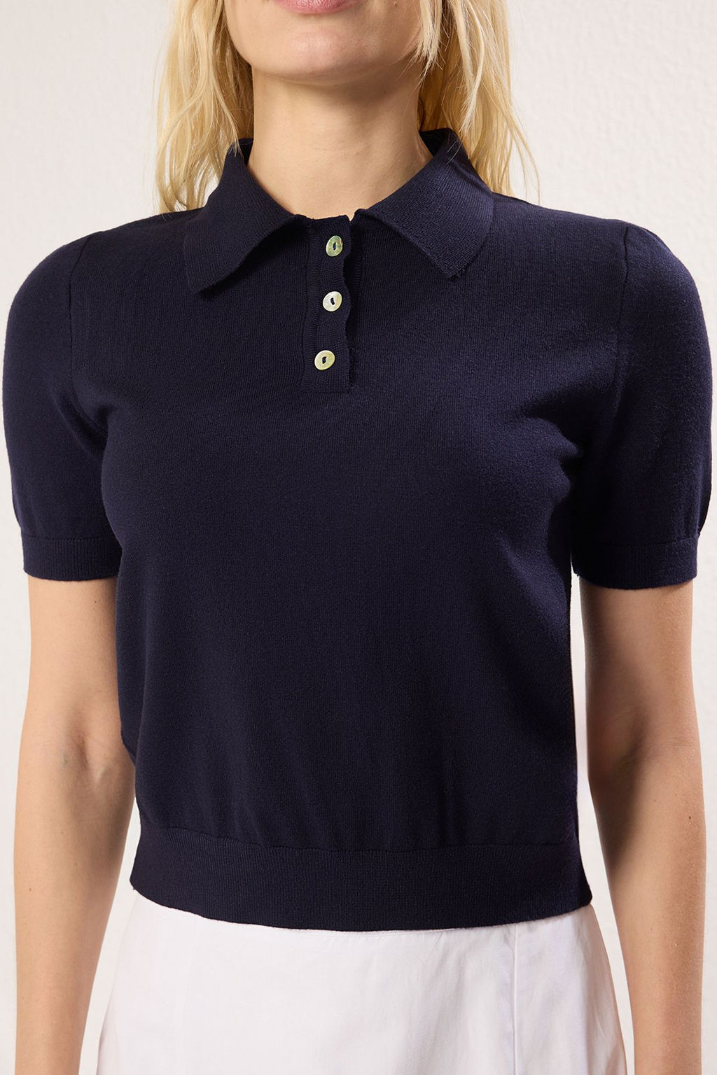 Lacivert Premium/Ozel Iplik Polo Yaka Triko Bluz TWOSS25BZ00184